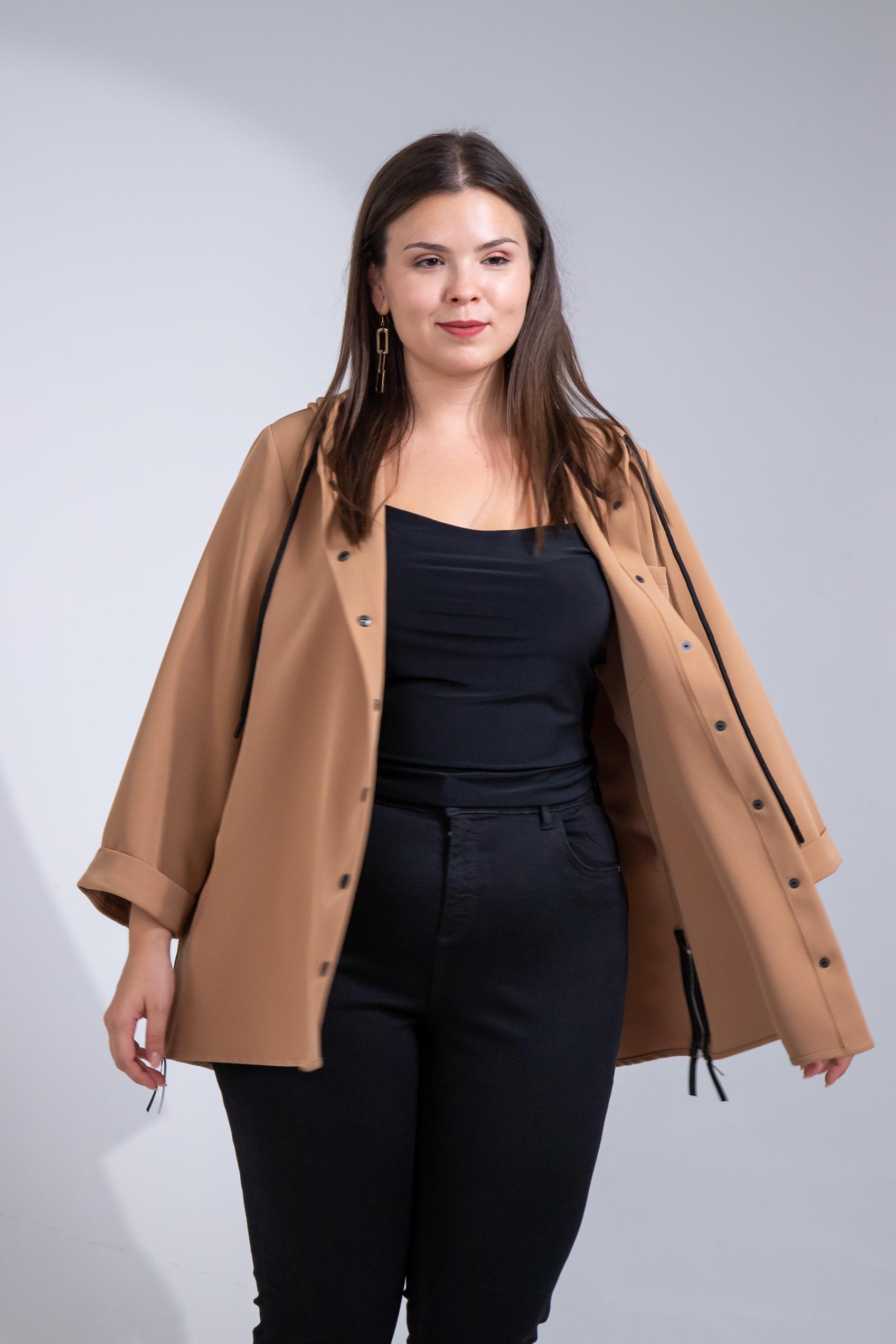 Büyük Beden 1212090 Yanı Fermuarlı Kapüşonlu Ceket Camel