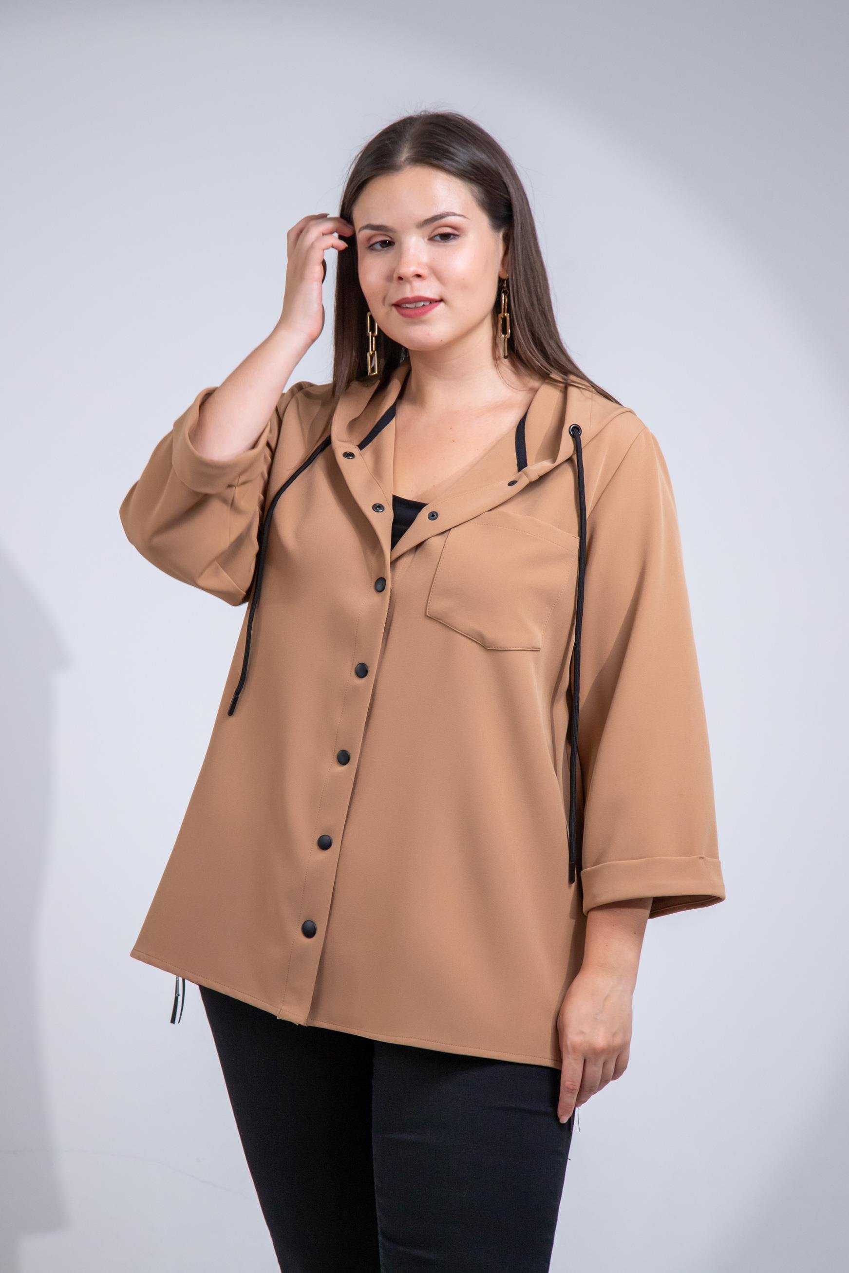 Büyük Beden 1212090 Yanı Fermuarlı Kapüşonlu Ceket Camel