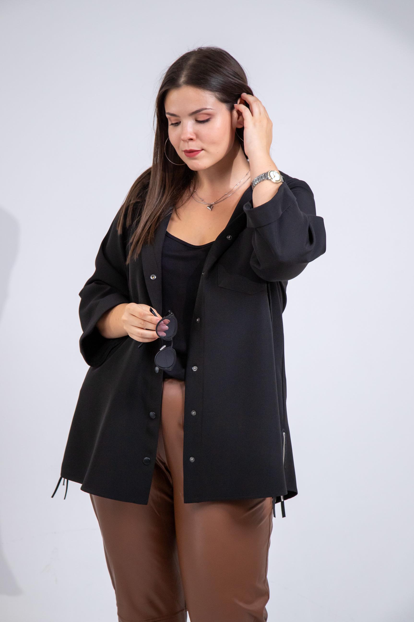 Büyük Beden 1212090 Yanı Fermuarlı Kapüşonlu Ceket Siyah