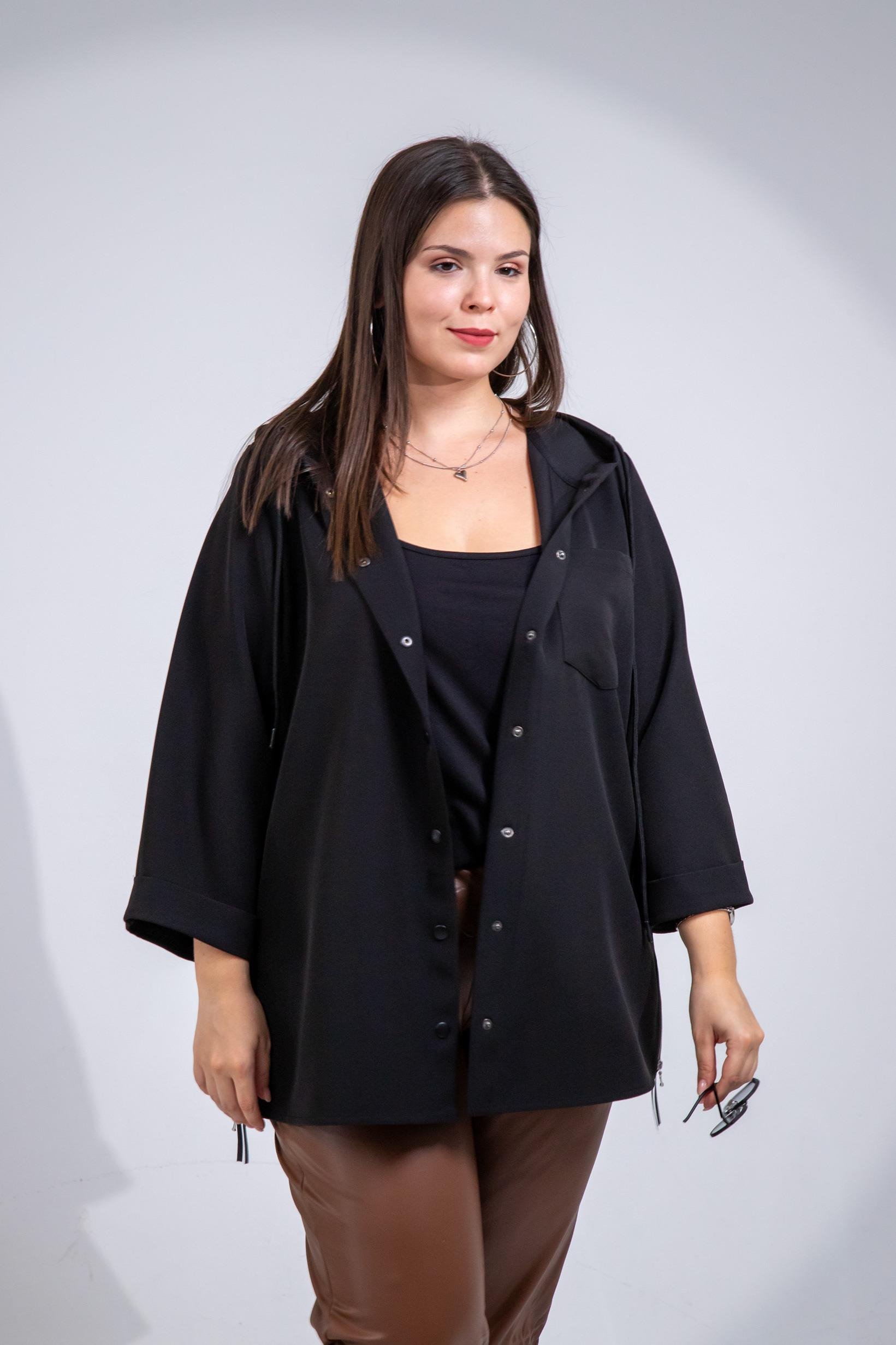 Büyük Beden 1212090 Yanı Fermuarlı Kapüşonlu Ceket Siyah