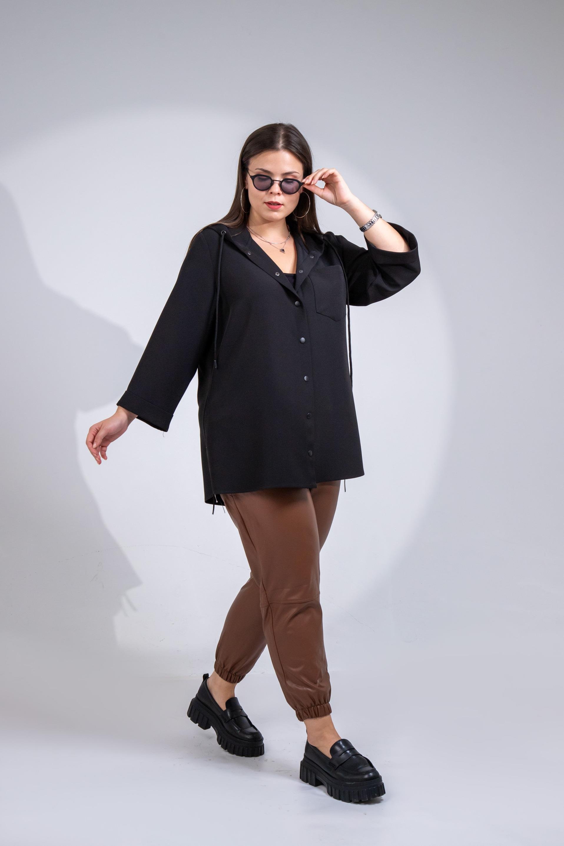 Büyük Beden 1212090 Yanı Fermuarlı Kapüşonlu Ceket Siyah