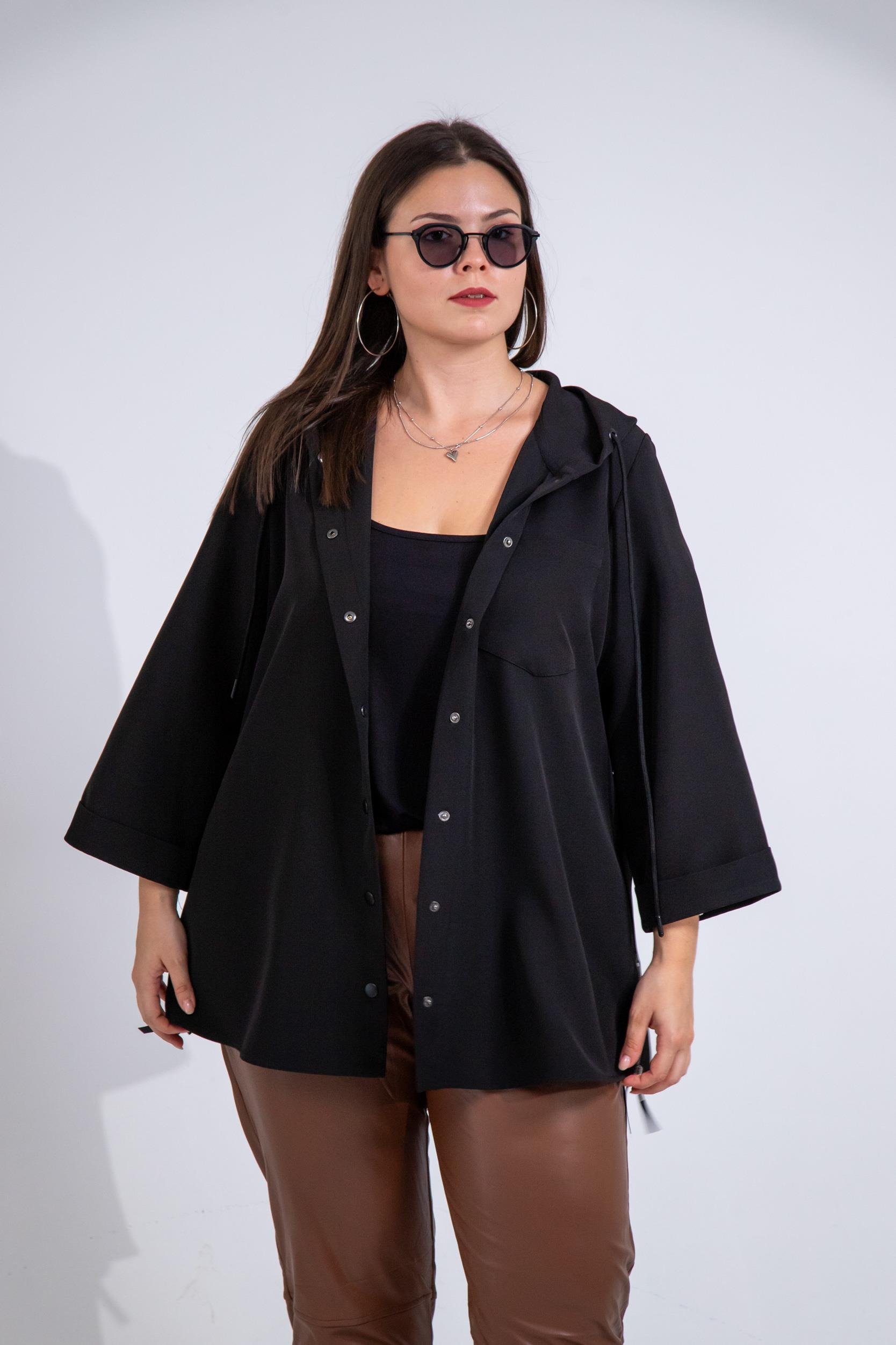 Büyük Beden 1212090 Yanı Fermuarlı Kapüşonlu Ceket Siyah