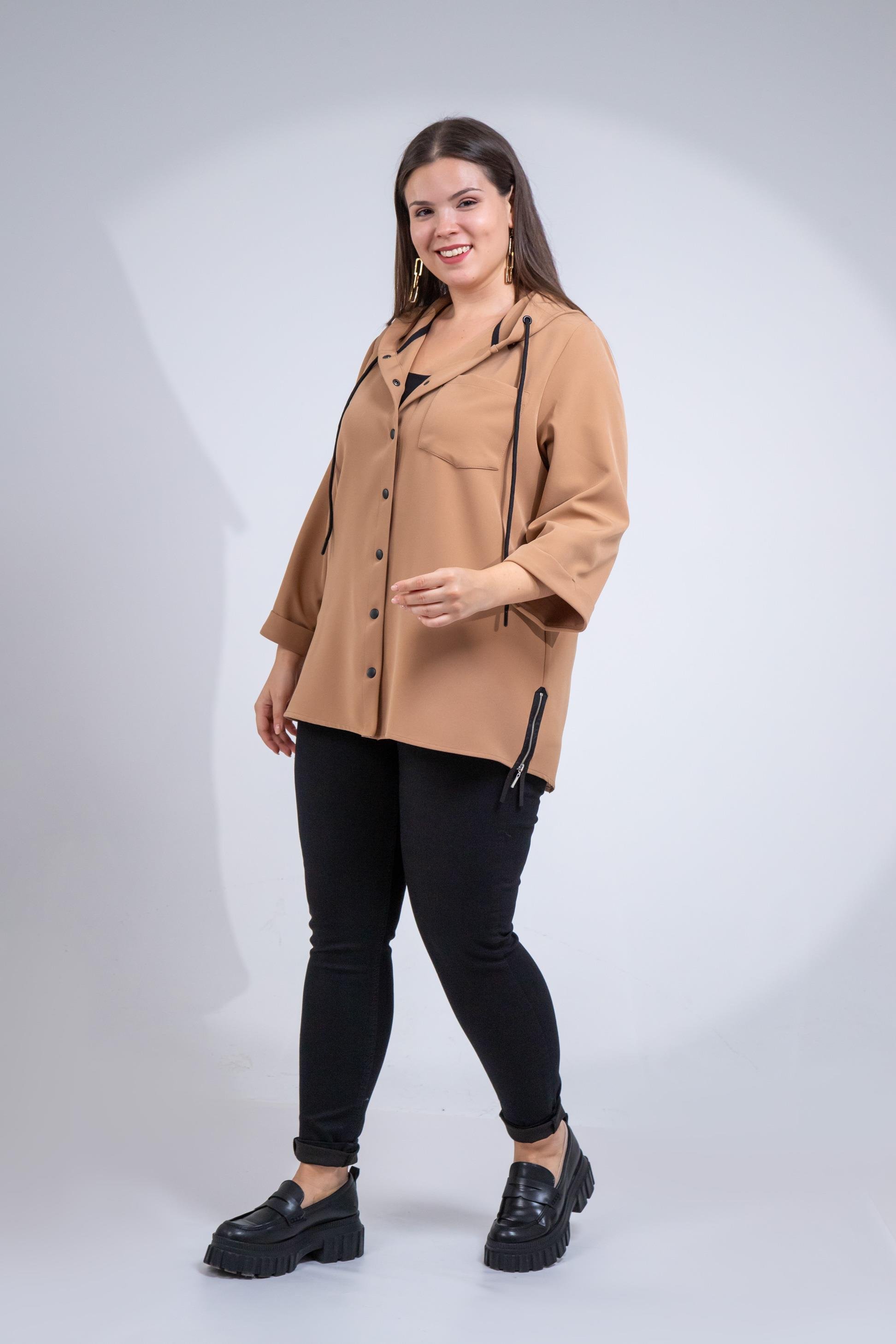 Büyük Beden 1212090 Yanı Fermuarlı Kapüşonlu Ceket Camel