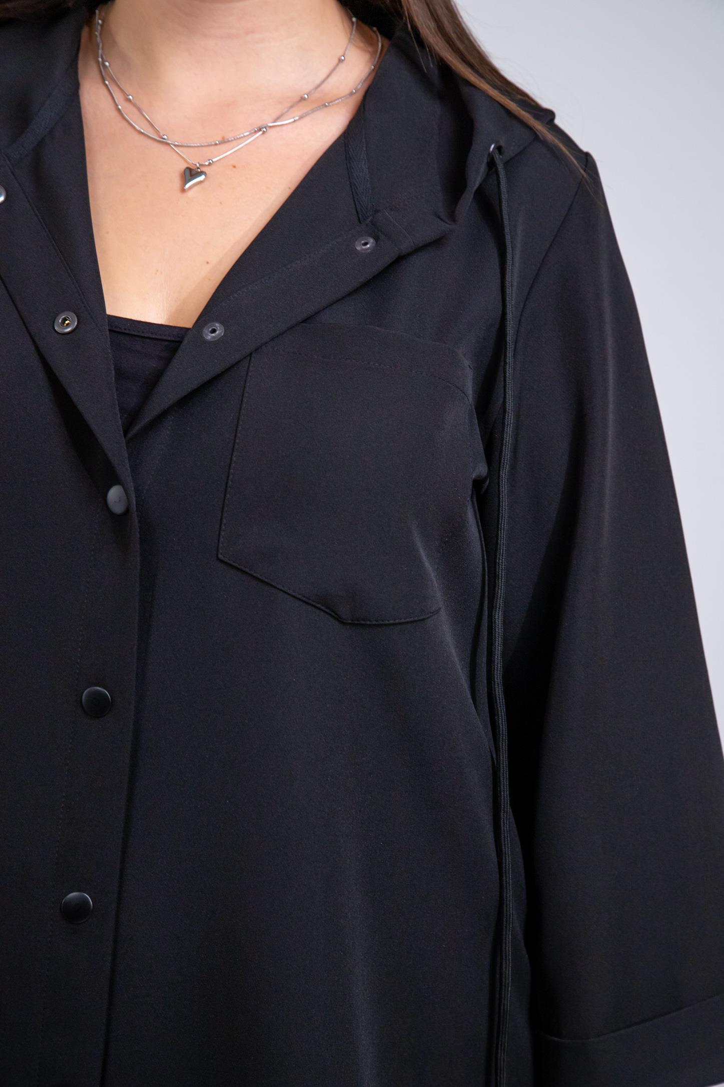 Büyük Beden 1212090 Yanı Fermuarlı Kapüşonlu Ceket Siyah