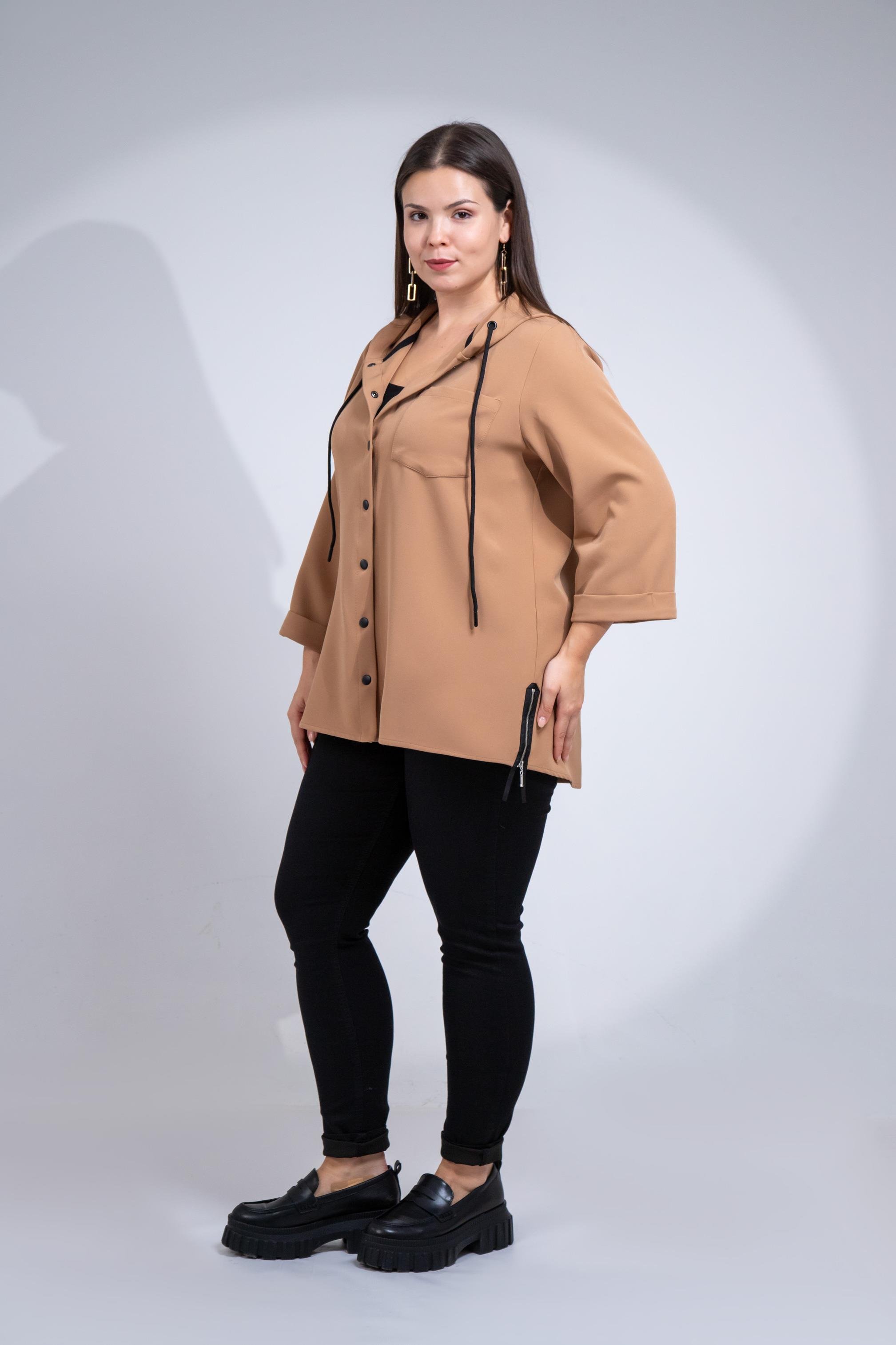 Büyük Beden 1212090 Yanı Fermuarlı Kapüşonlu Ceket Camel