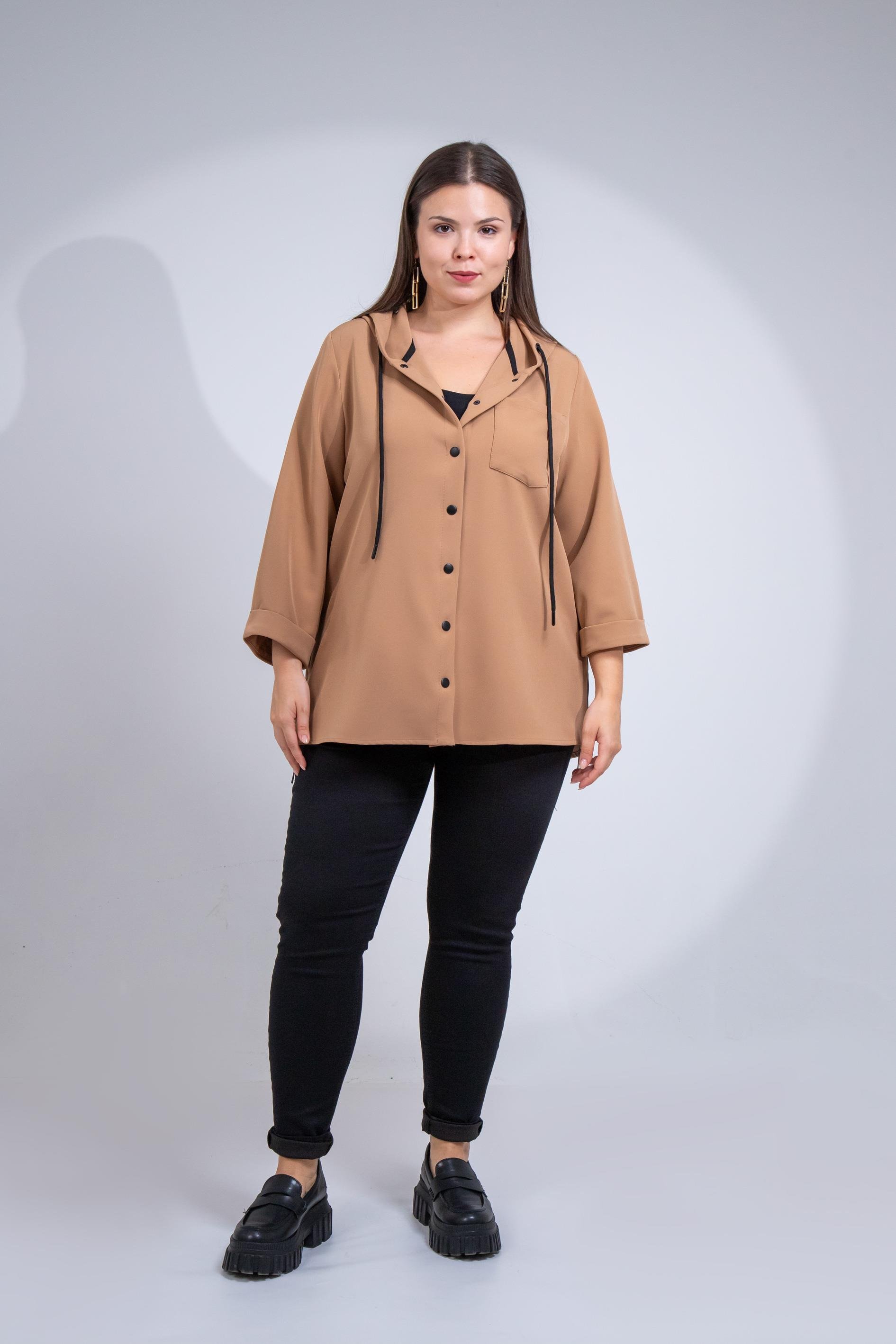 Büyük Beden 1212090 Yanı Fermuarlı Kapüşonlu Ceket Camel