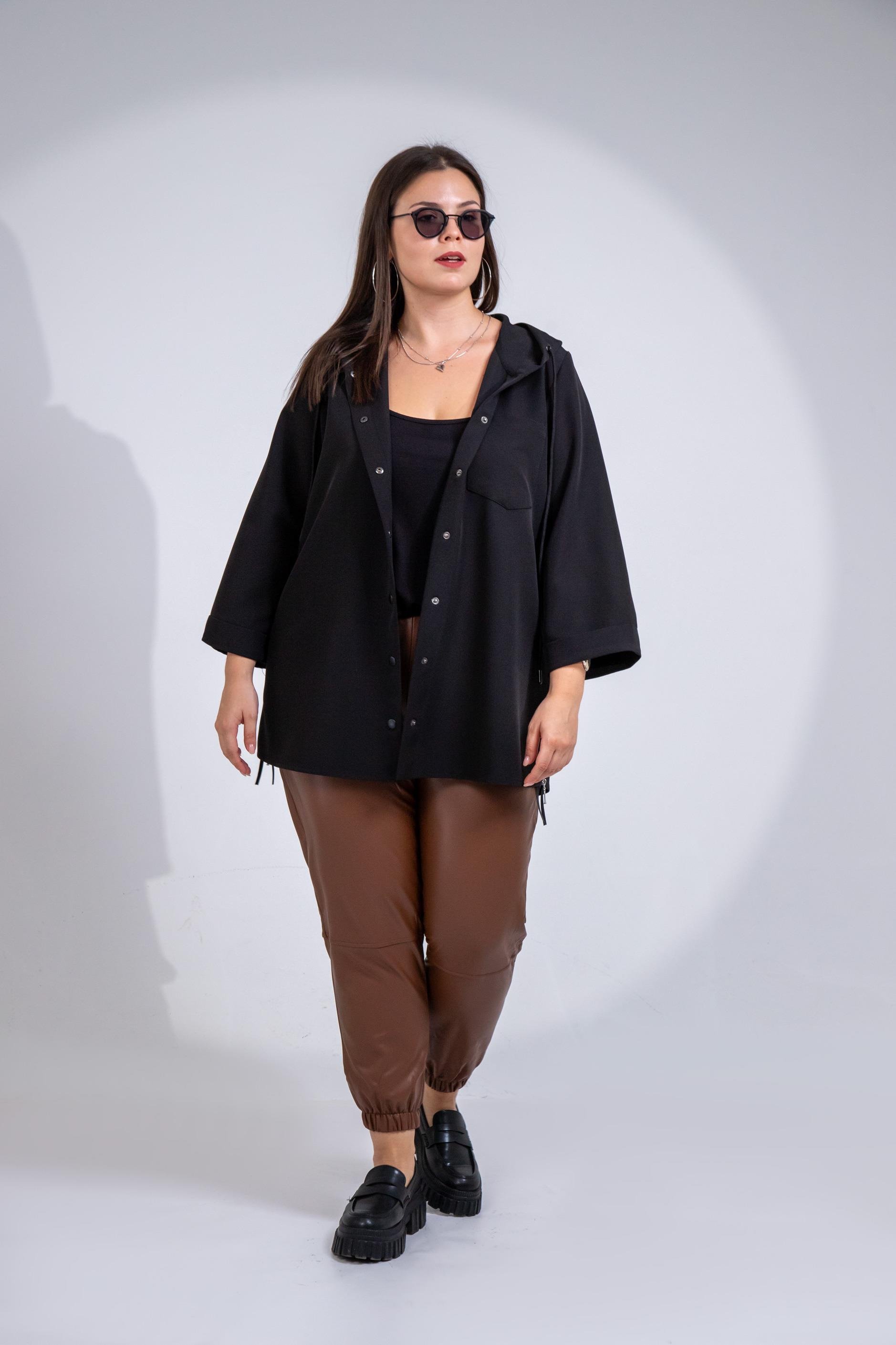 Büyük Beden 1212090 Yanı Fermuarlı Kapüşonlu Ceket Siyah