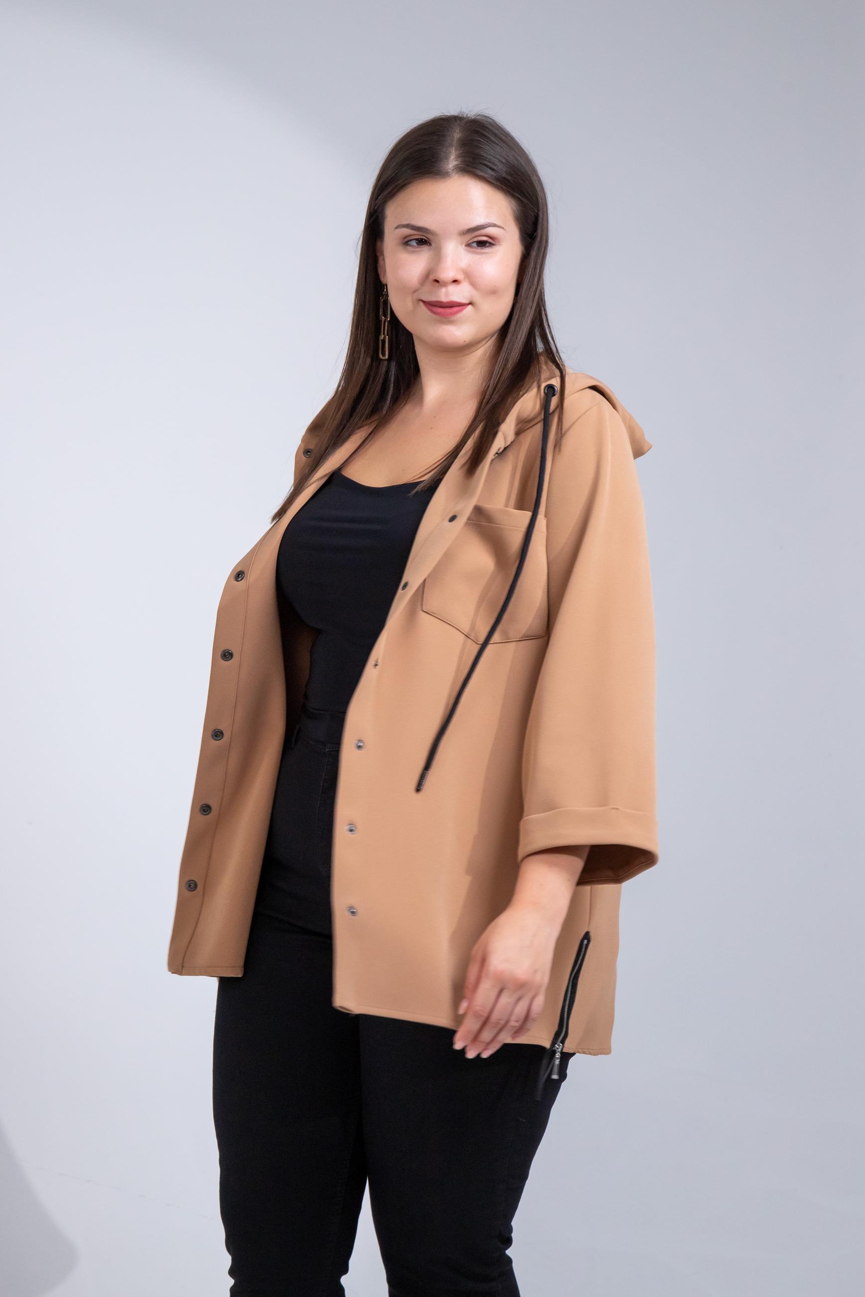 Büyük Beden 1212090 Yanı Fermuarlı Kapüşonlu Ceket Camel