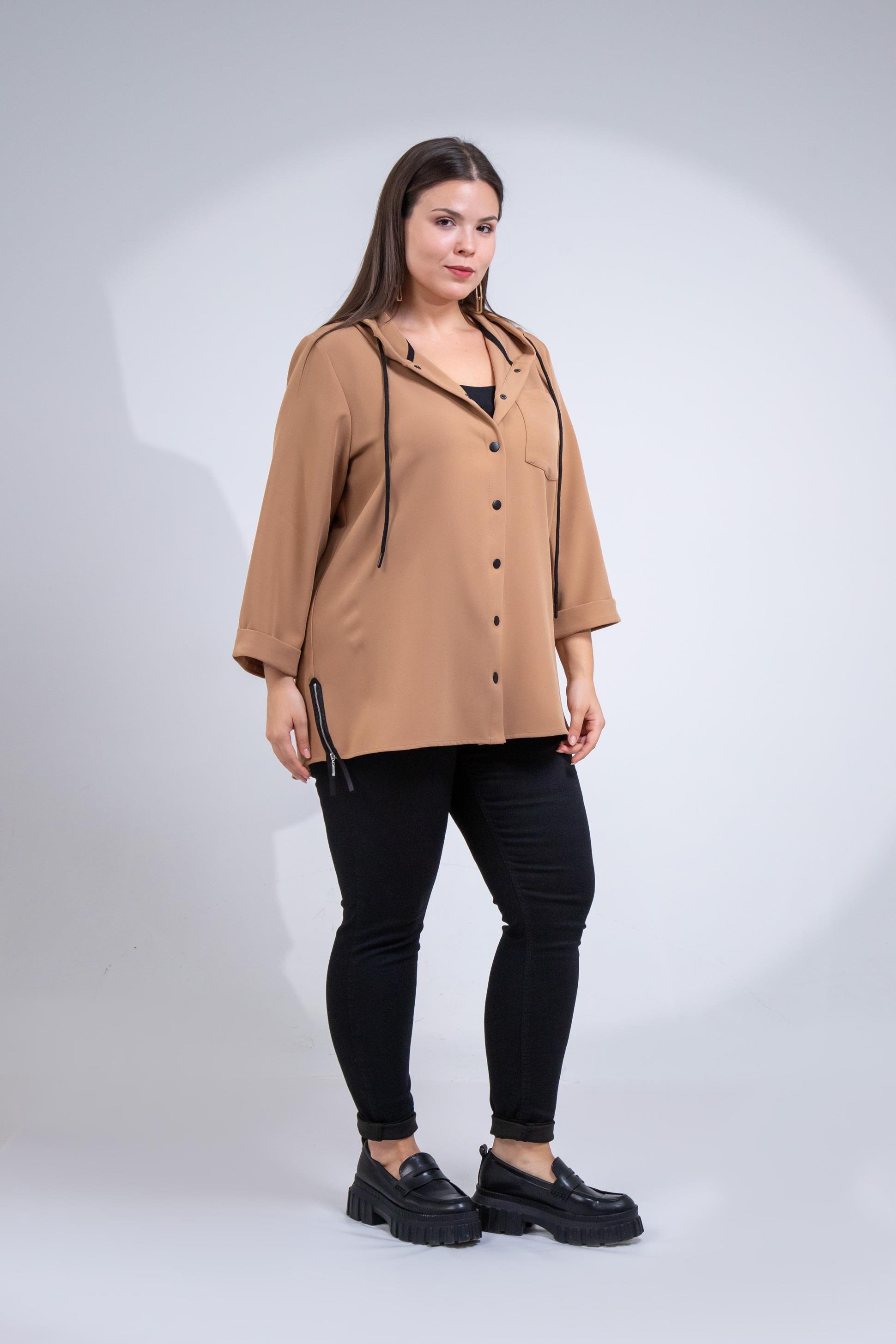 Büyük Beden 1212090 Yanı Fermuarlı Kapüşonlu Ceket Camel