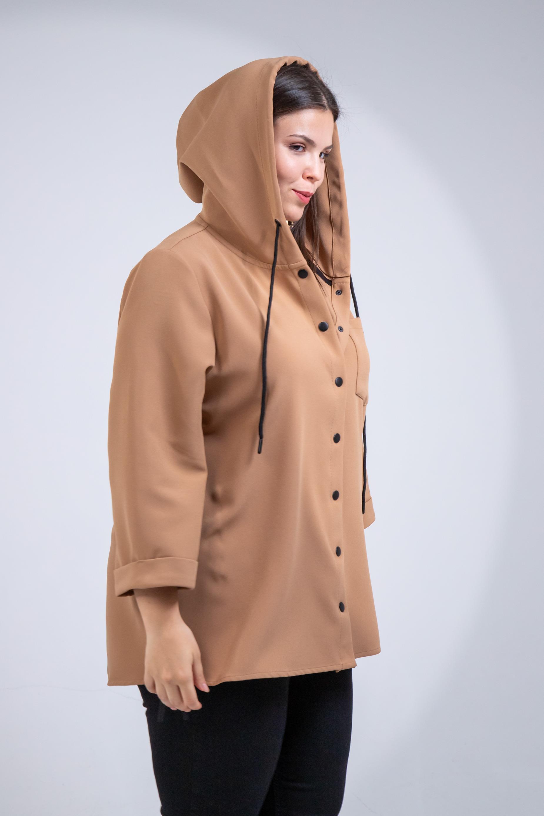 Büyük Beden 1212090 Yanı Fermuarlı Kapüşonlu Ceket Camel