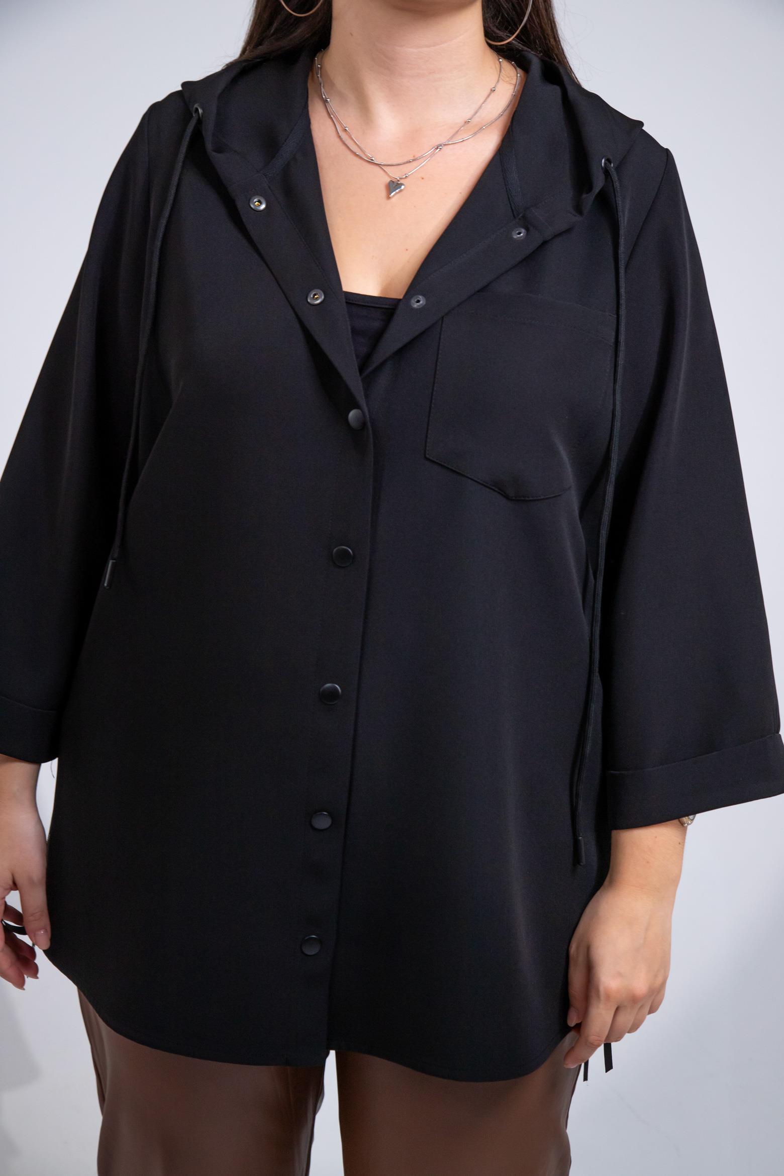 Büyük Beden 1212090 Yanı Fermuarlı Kapüşonlu Ceket Siyah