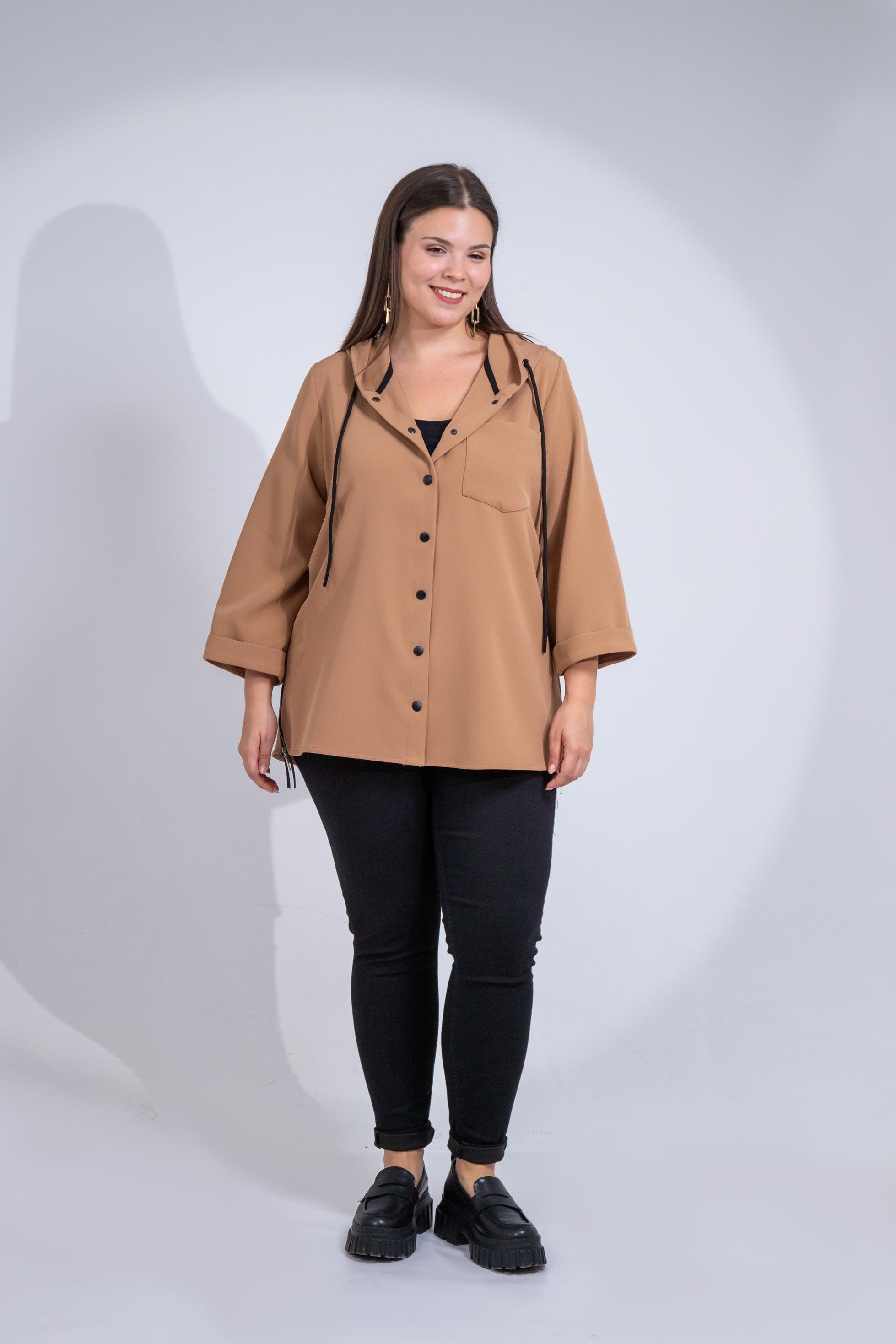 Büyük Beden 1212090 Yanı Fermuarlı Kapüşonlu Ceket Camel