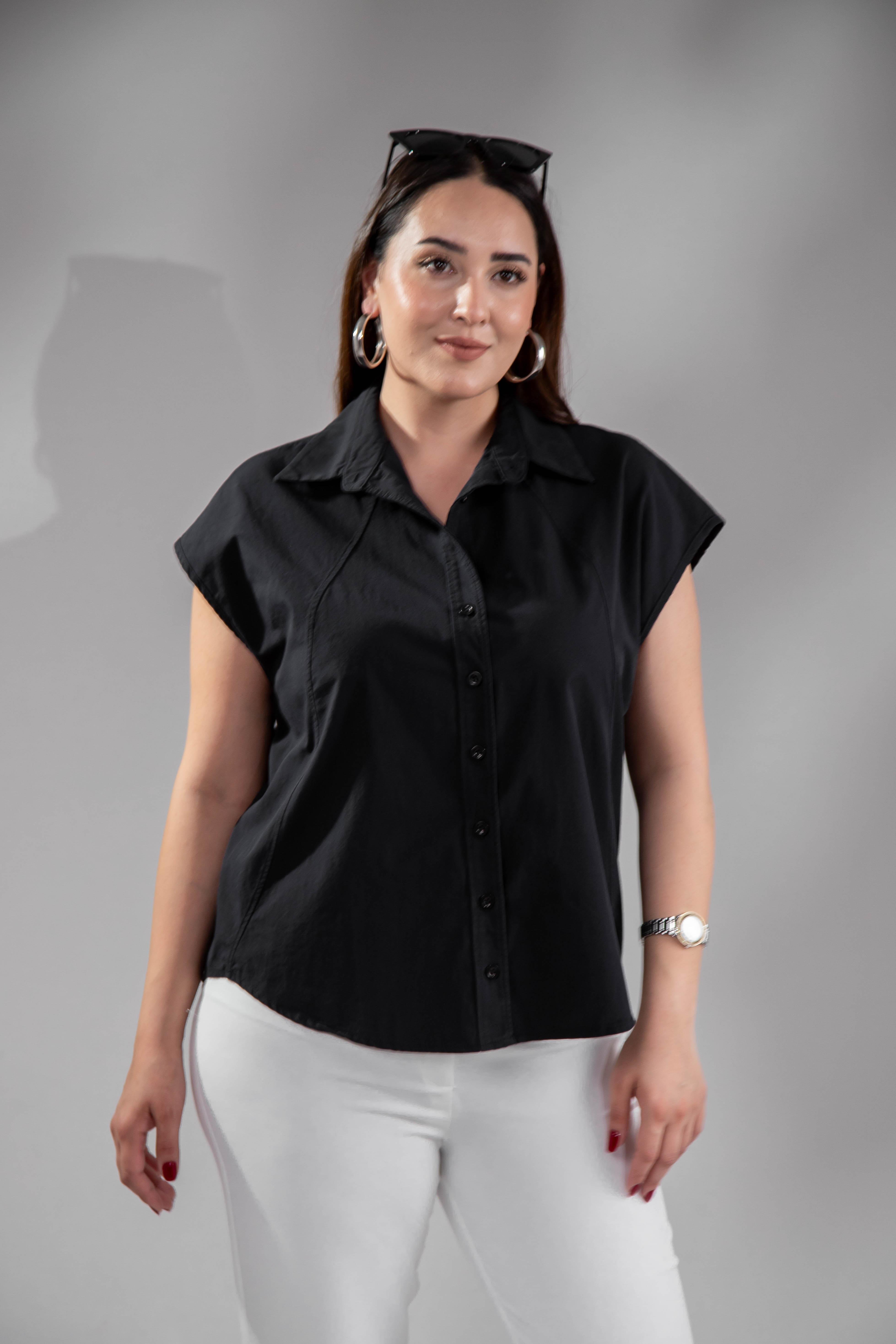 Büyük Beden 1212560 Kolsuz Poplin Gömlek Siyah