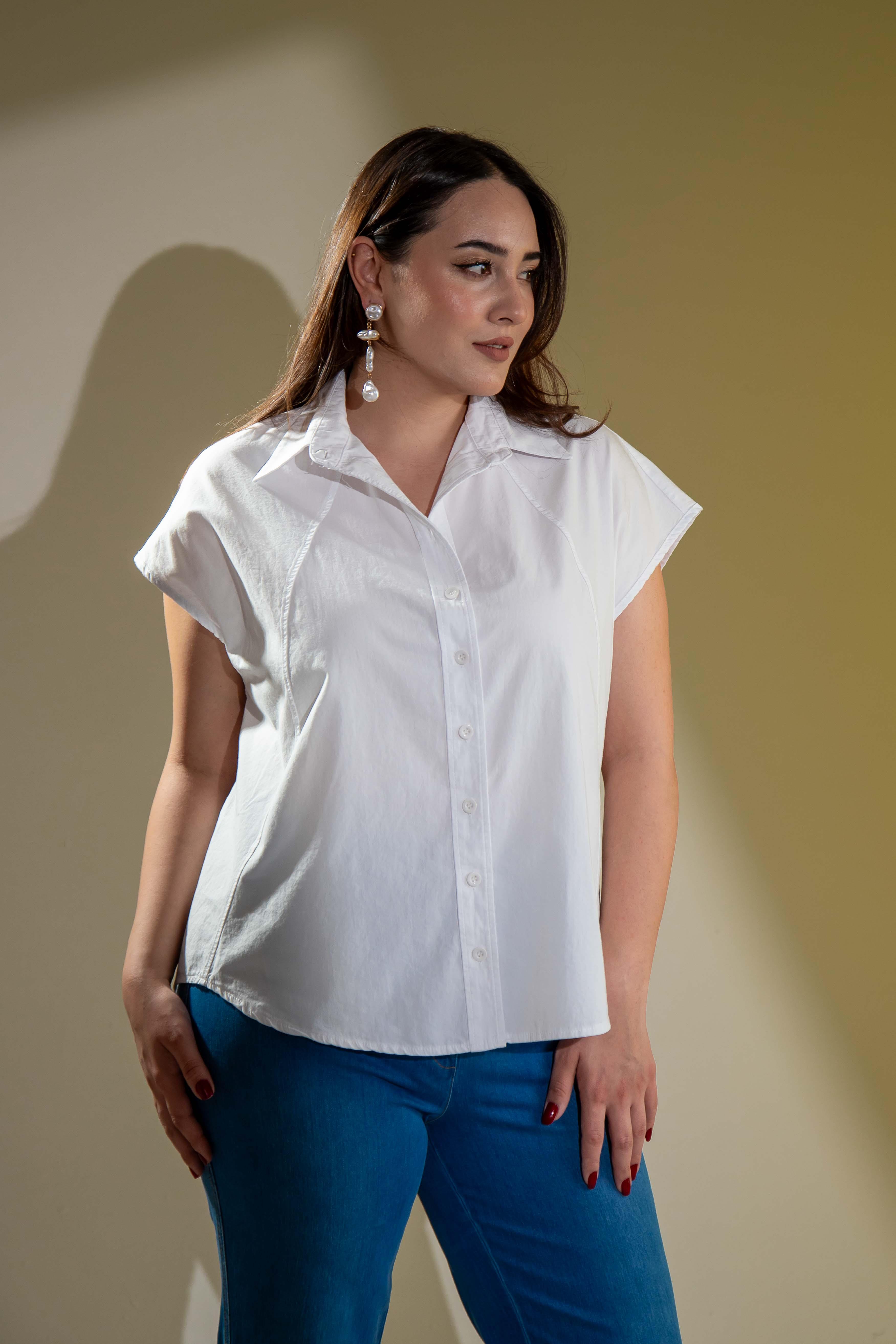 Büyük Beden 1212560 Kolsuz Poplin Gömlek Beyaz