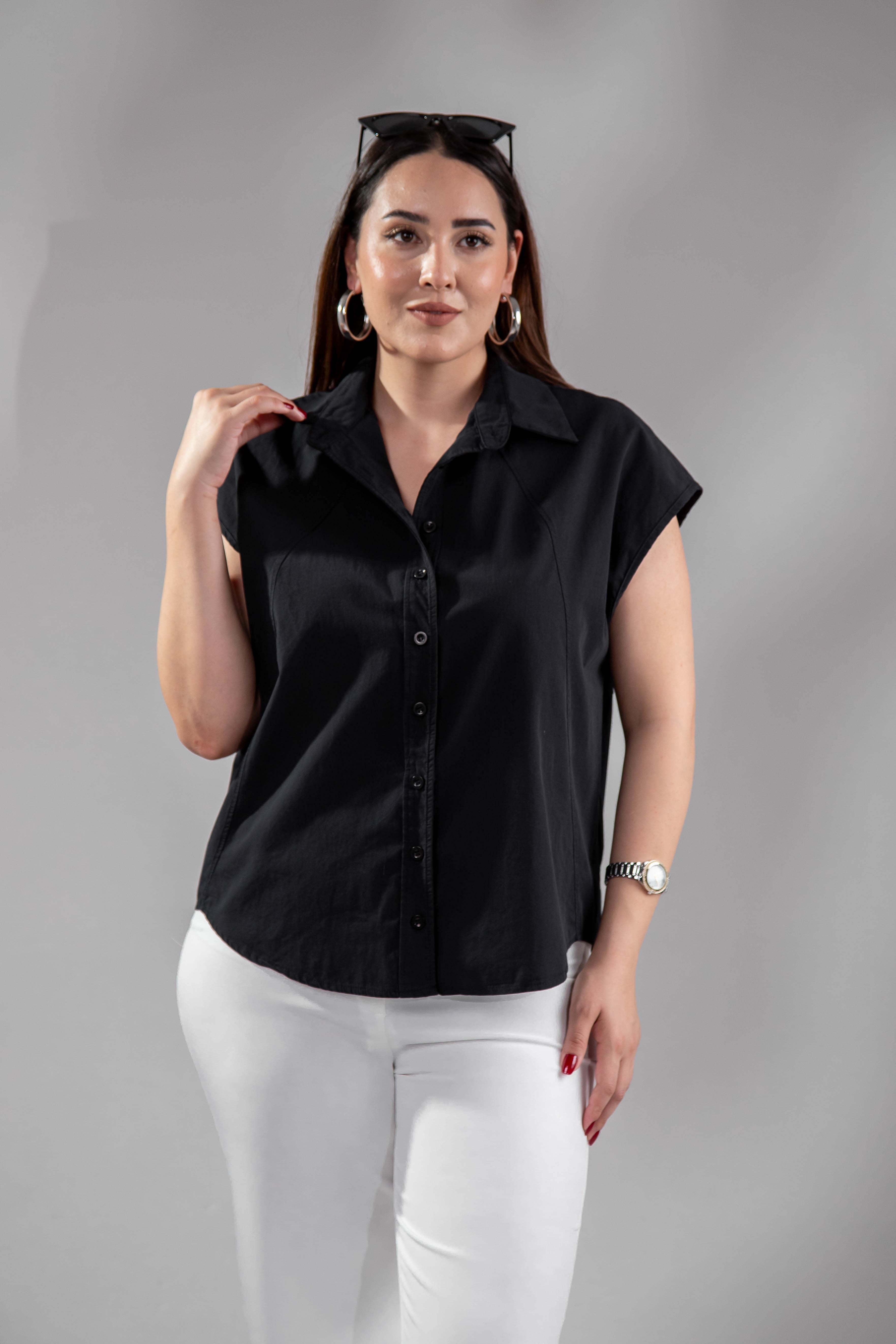 Büyük Beden 1212560 Kolsuz Poplin Gömlek Siyah