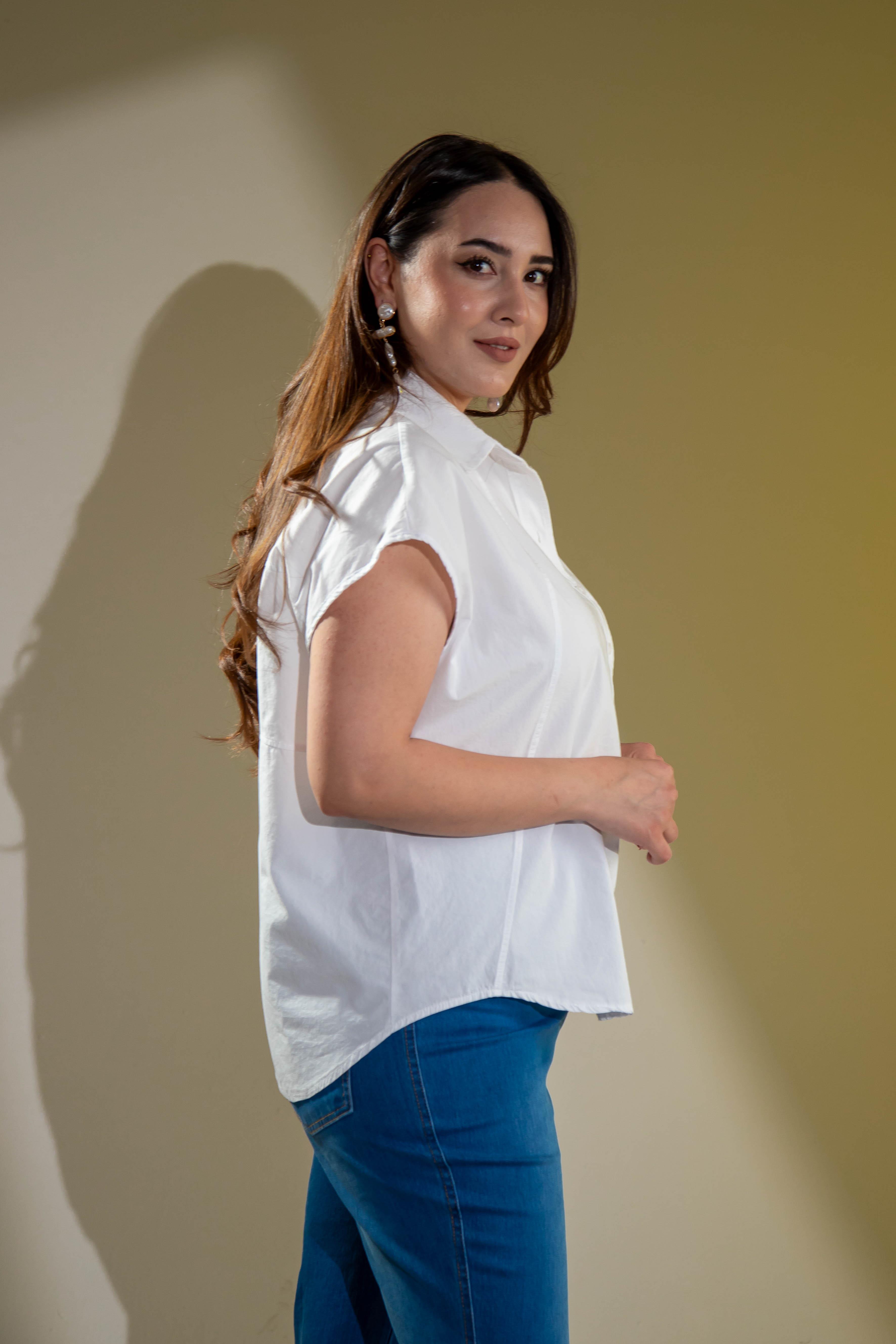 Büyük Beden 1212560 Kolsuz Poplin Gömlek Beyaz