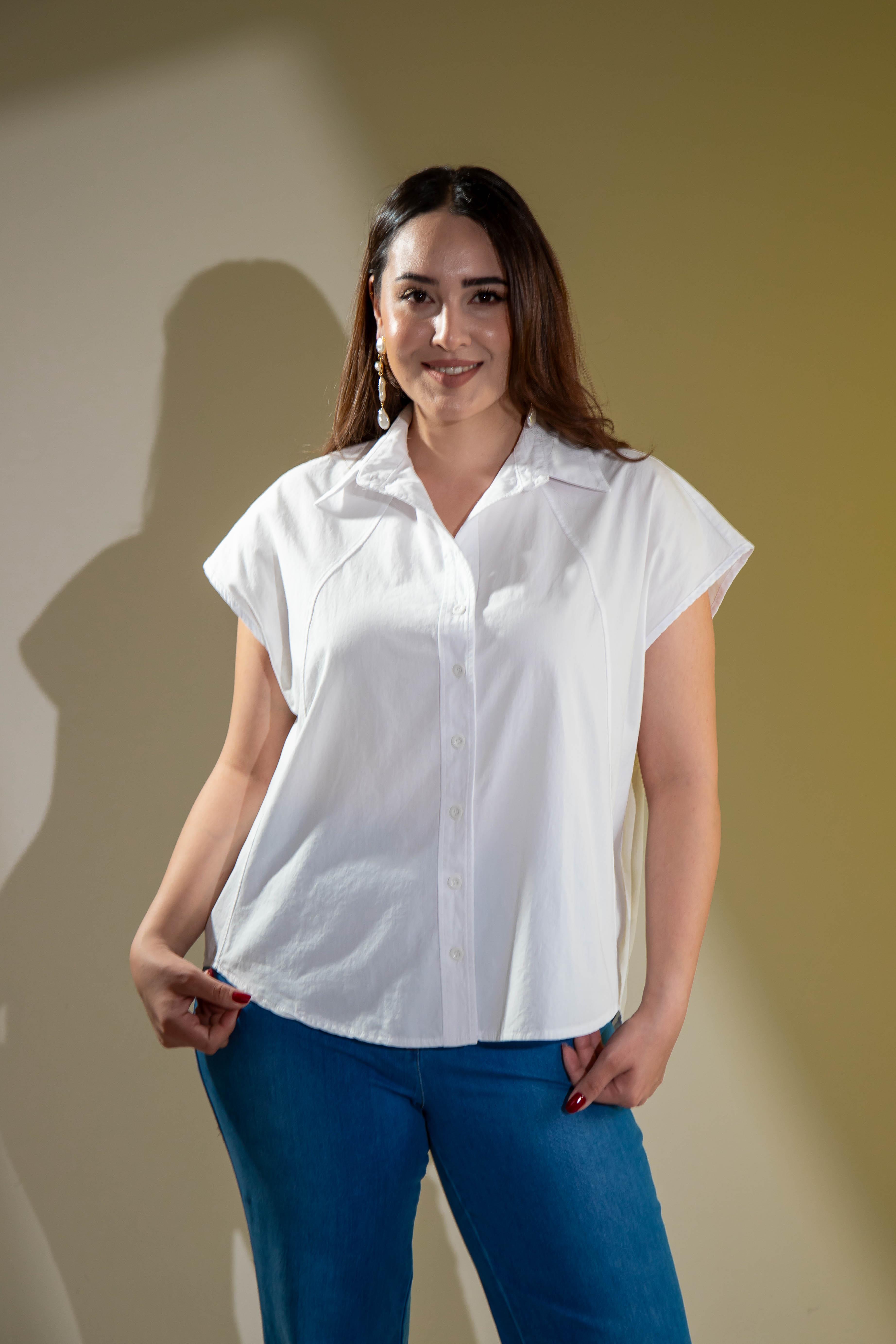 Büyük Beden 1212560 Kolsuz Poplin Gömlek Beyaz