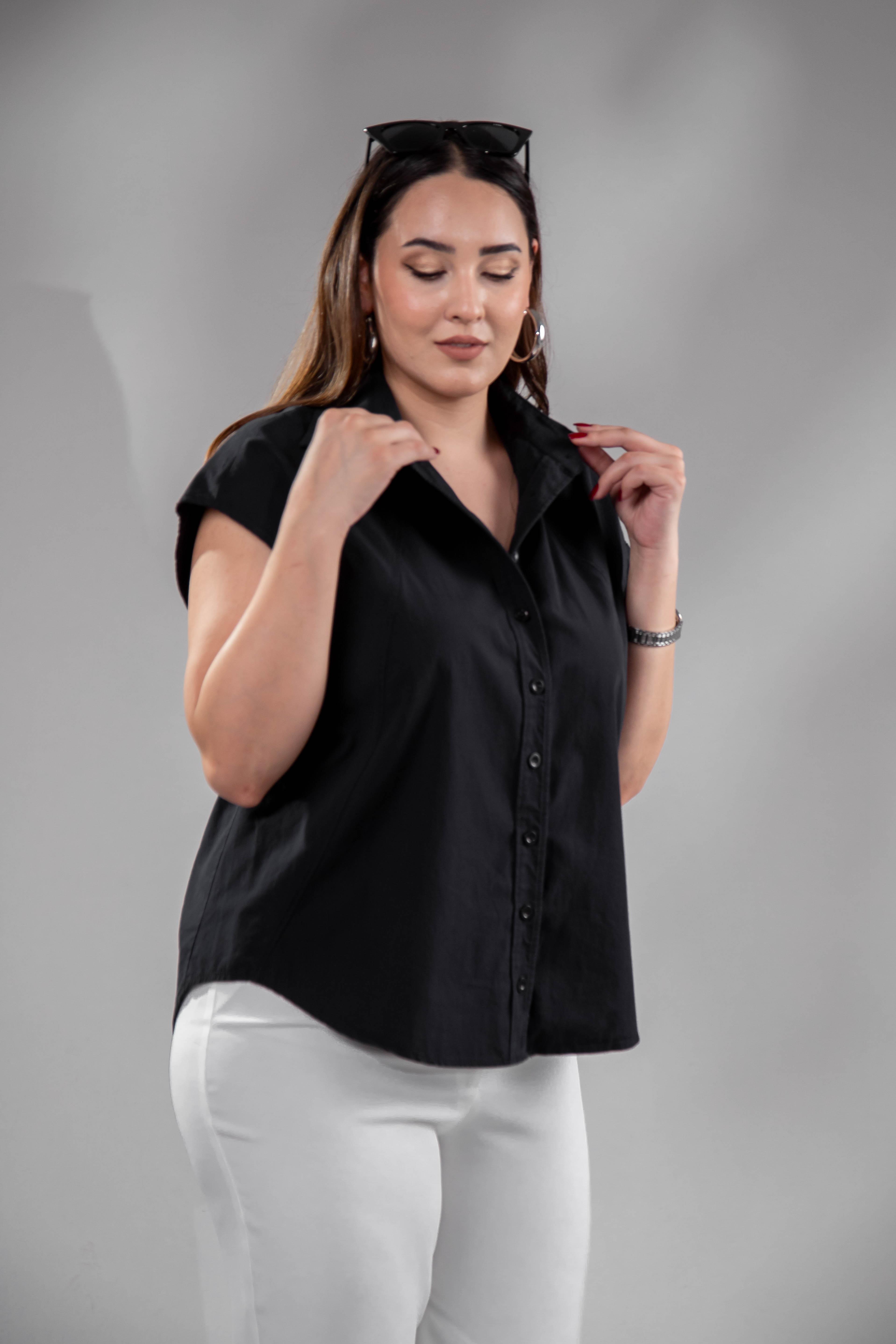 Büyük Beden 1212560 Kolsuz Poplin Gömlek Siyah
