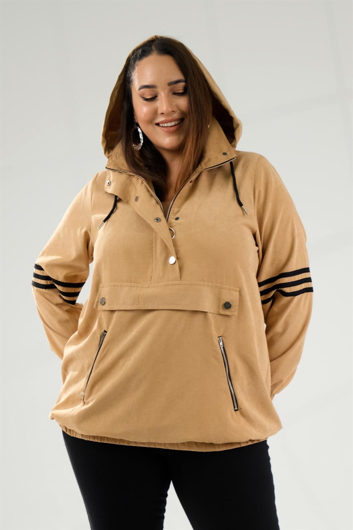 Büyük Beden 121873 Şeritli-Fermuarlı Sweat Camel