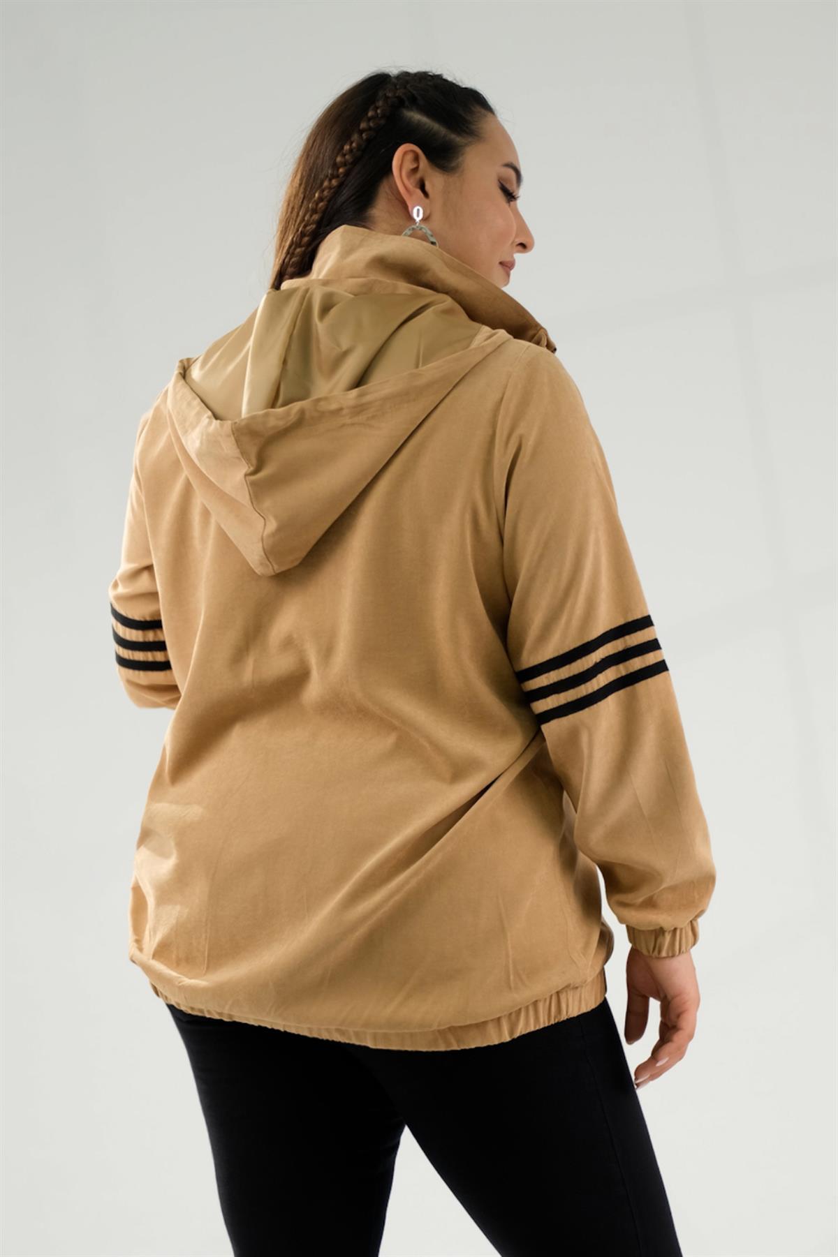Büyük Beden 121873 Şeritli-Fermuarlı Sweat Camel