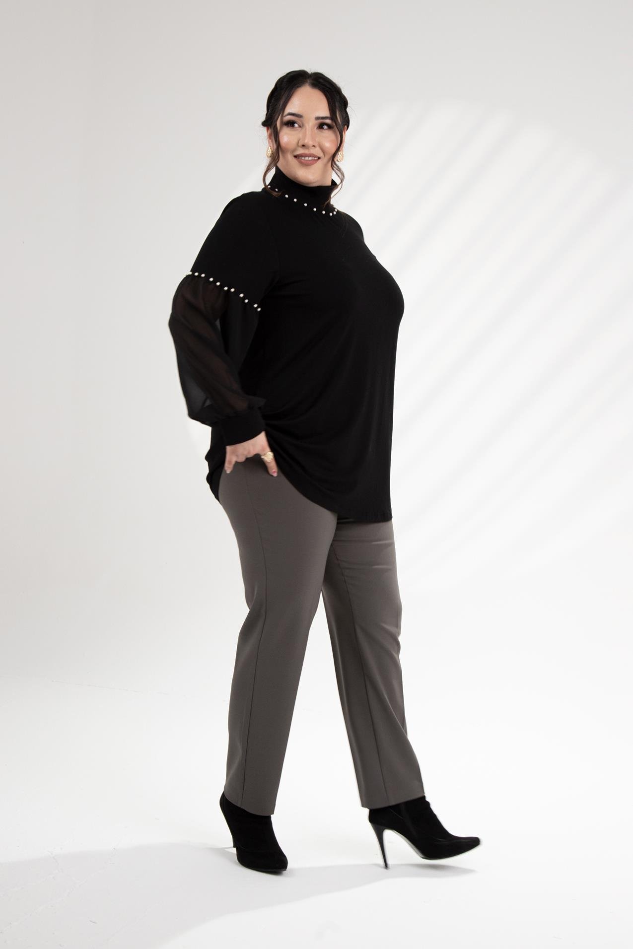 Büyük Beden 121884 İnci Taşlı Bluz  Siyah