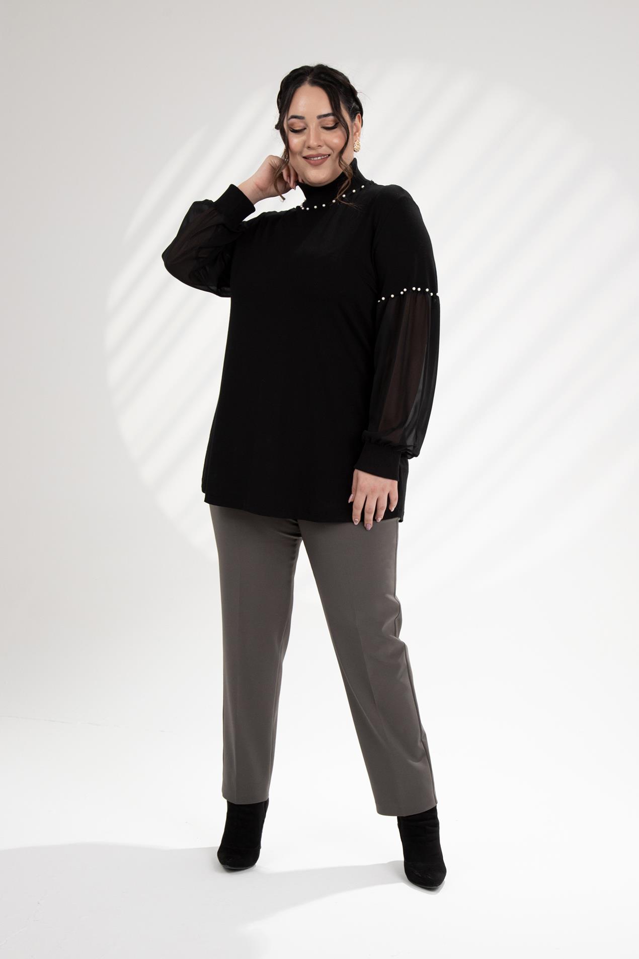 Büyük Beden 121884 İnci Taşlı Bluz  Siyah