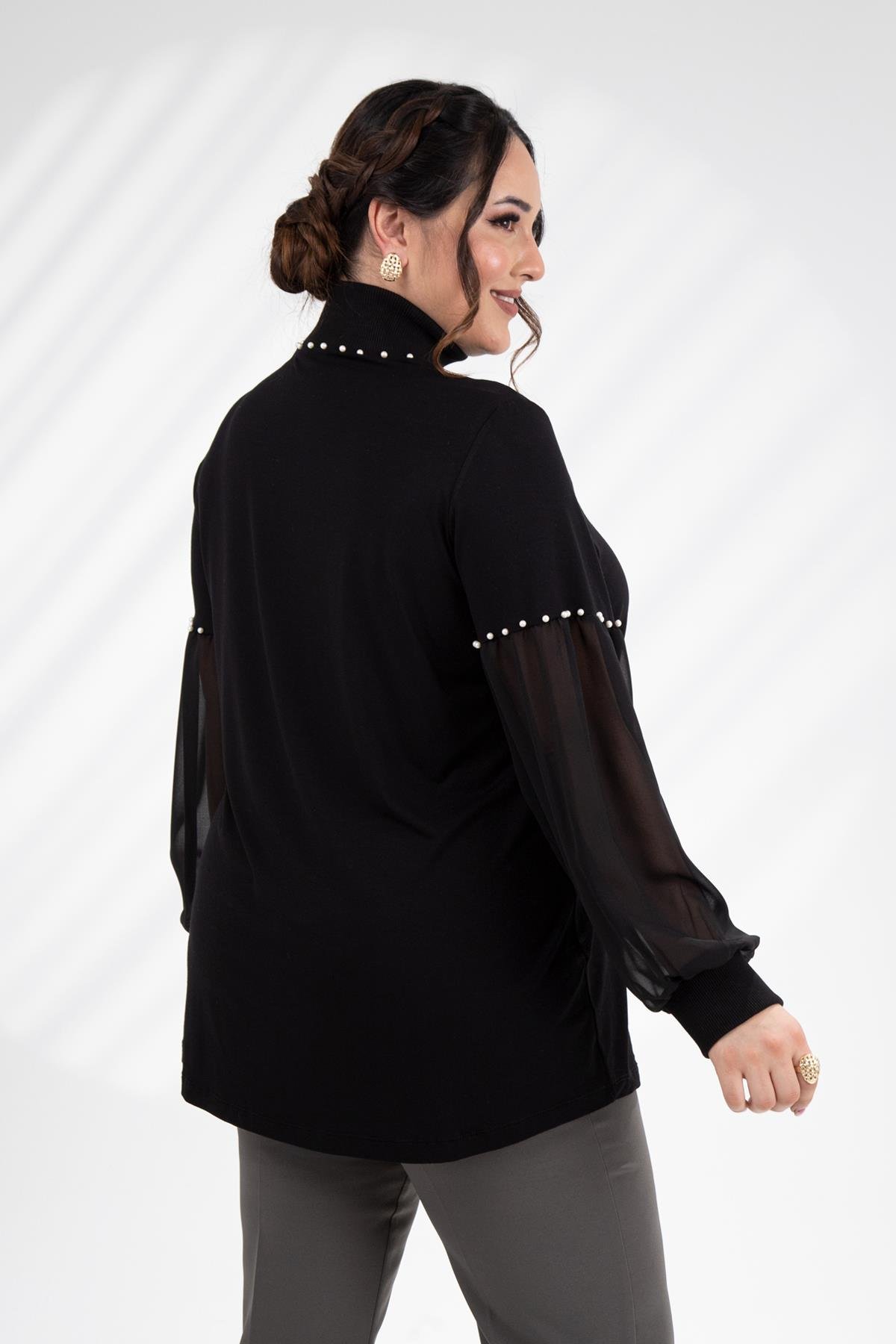 Büyük Beden 121884 İnci Taşlı Bluz  Siyah