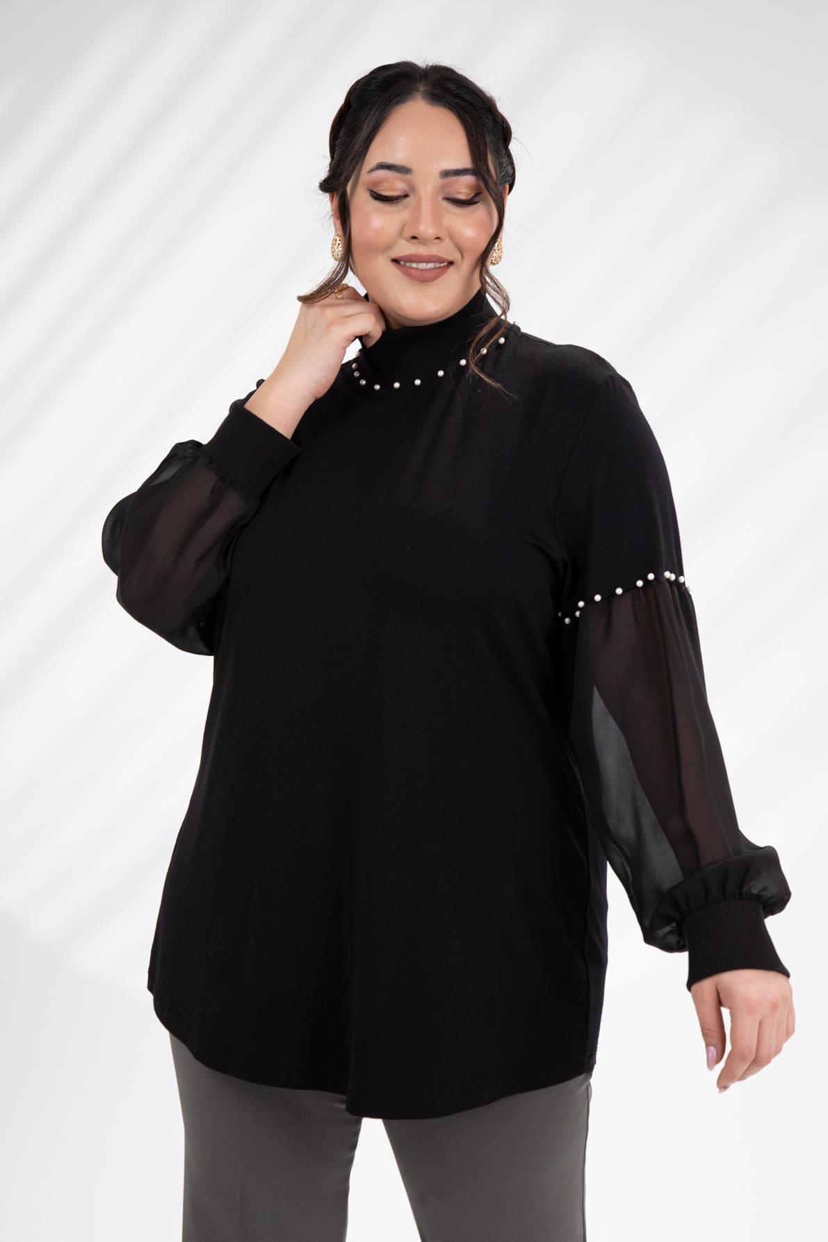 Büyük Beden 121884 İnci Taşlı Bluz  Siyah