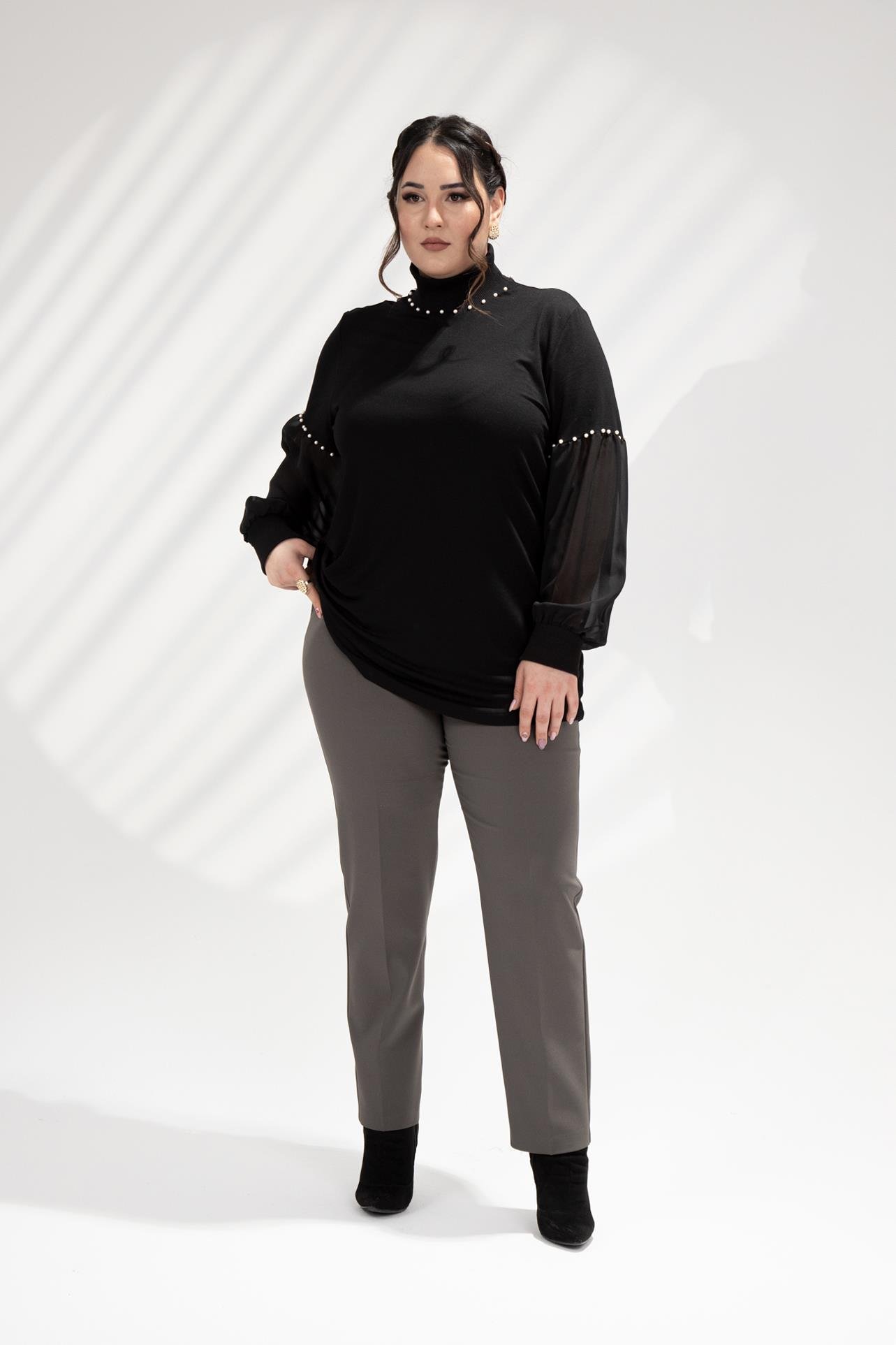 Büyük Beden 121884 İnci Taşlı Bluz  Siyah