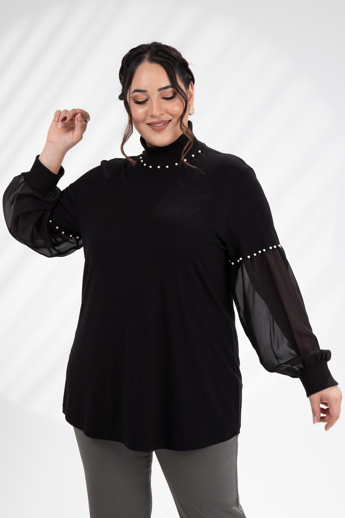 Büyük Beden 121884 İnci Taşlı Bluz  Siyah