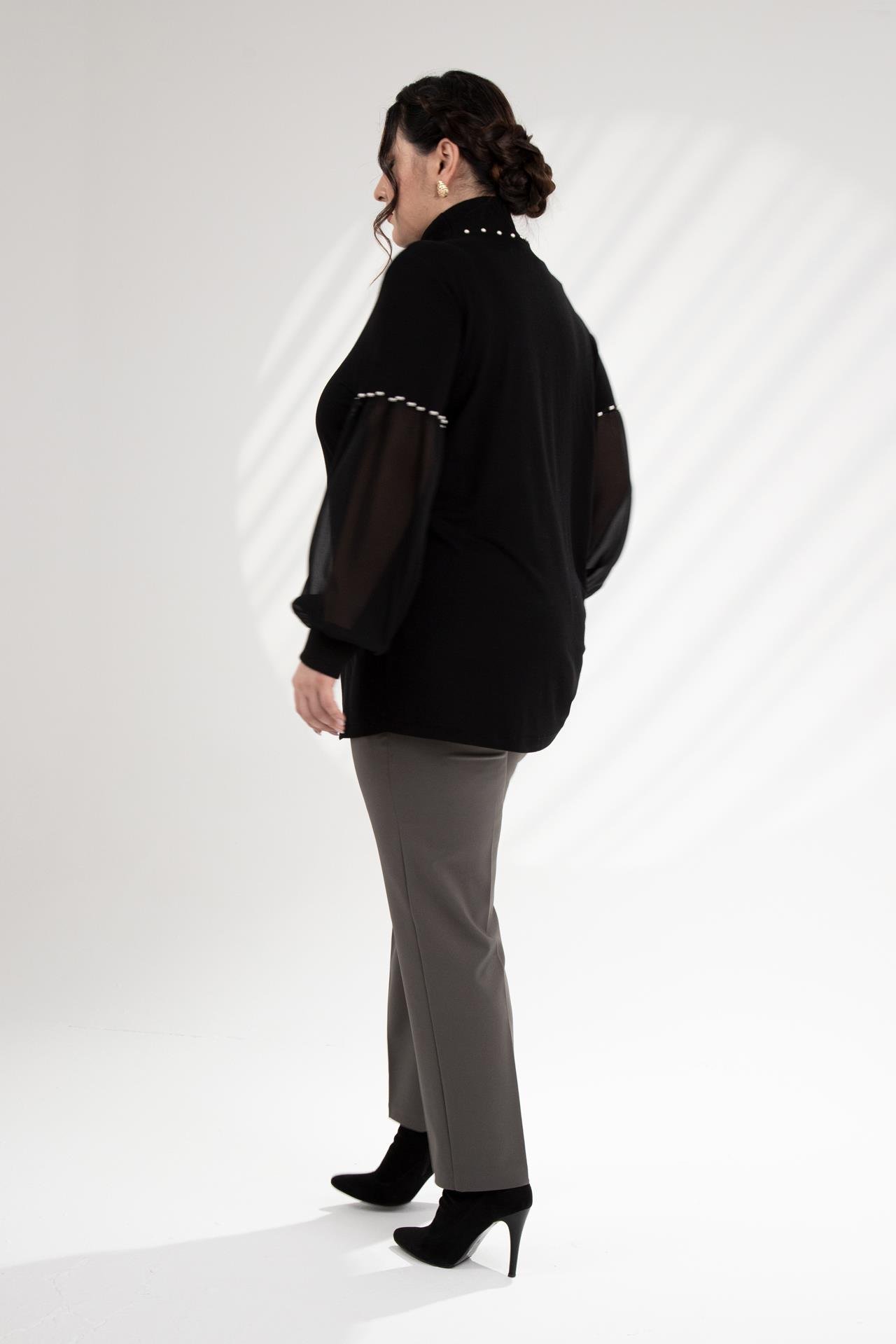 Büyük Beden 121884 İnci Taşlı Bluz  Siyah