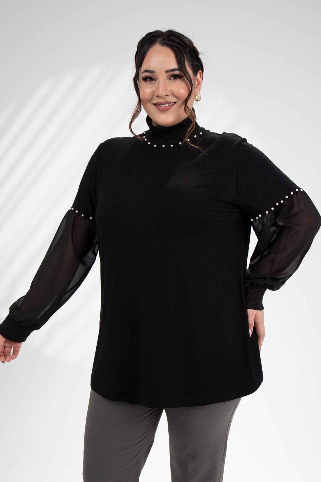Büyük Beden 121884 İnci Taşlı Bluz  Siyah