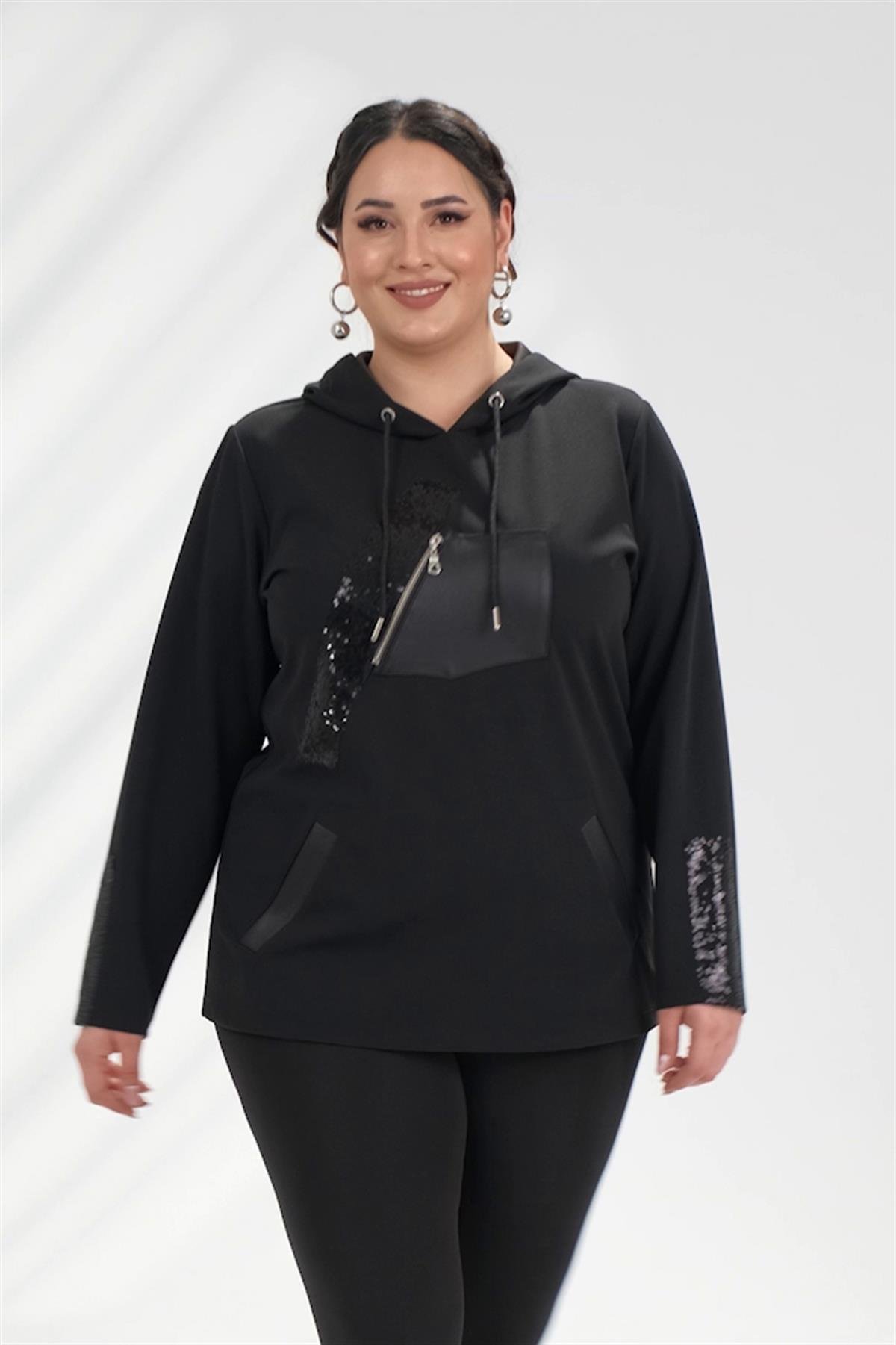 Büyük Beden 121891 Cepli-Pul Payetli Sweat  Siyah