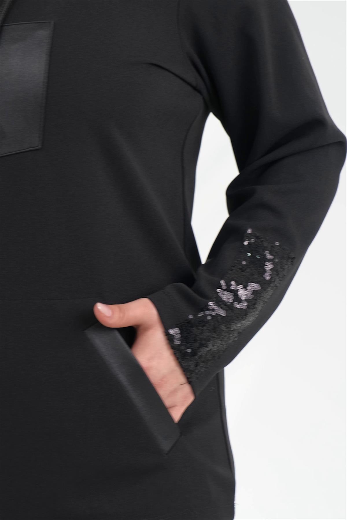Büyük Beden 121891 Cepli-Pul Payetli Sweat  Siyah