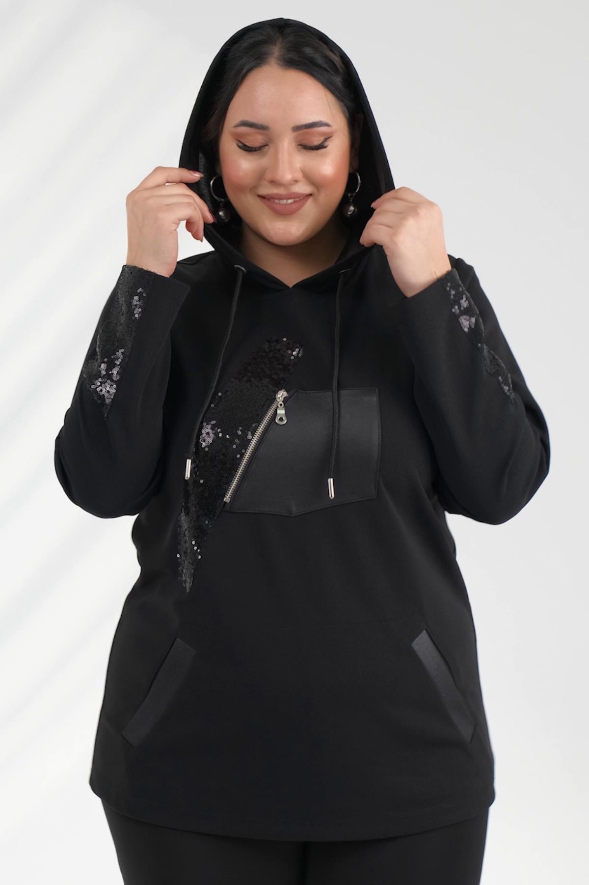 Büyük Beden 121891 Cepli-Pul Payetli Sweat  Siyah