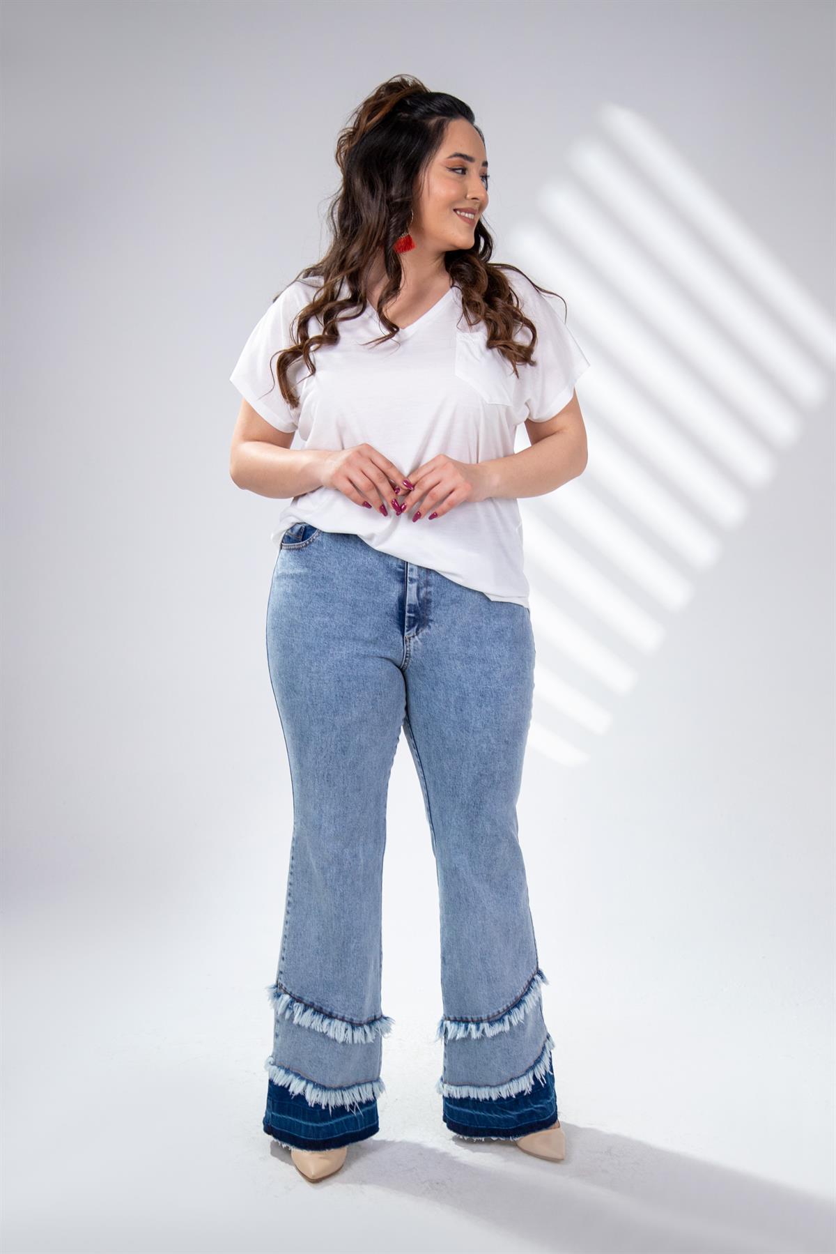 Büyük Beden 121921 Paça Detaylı Denim Pantolon  Mavi