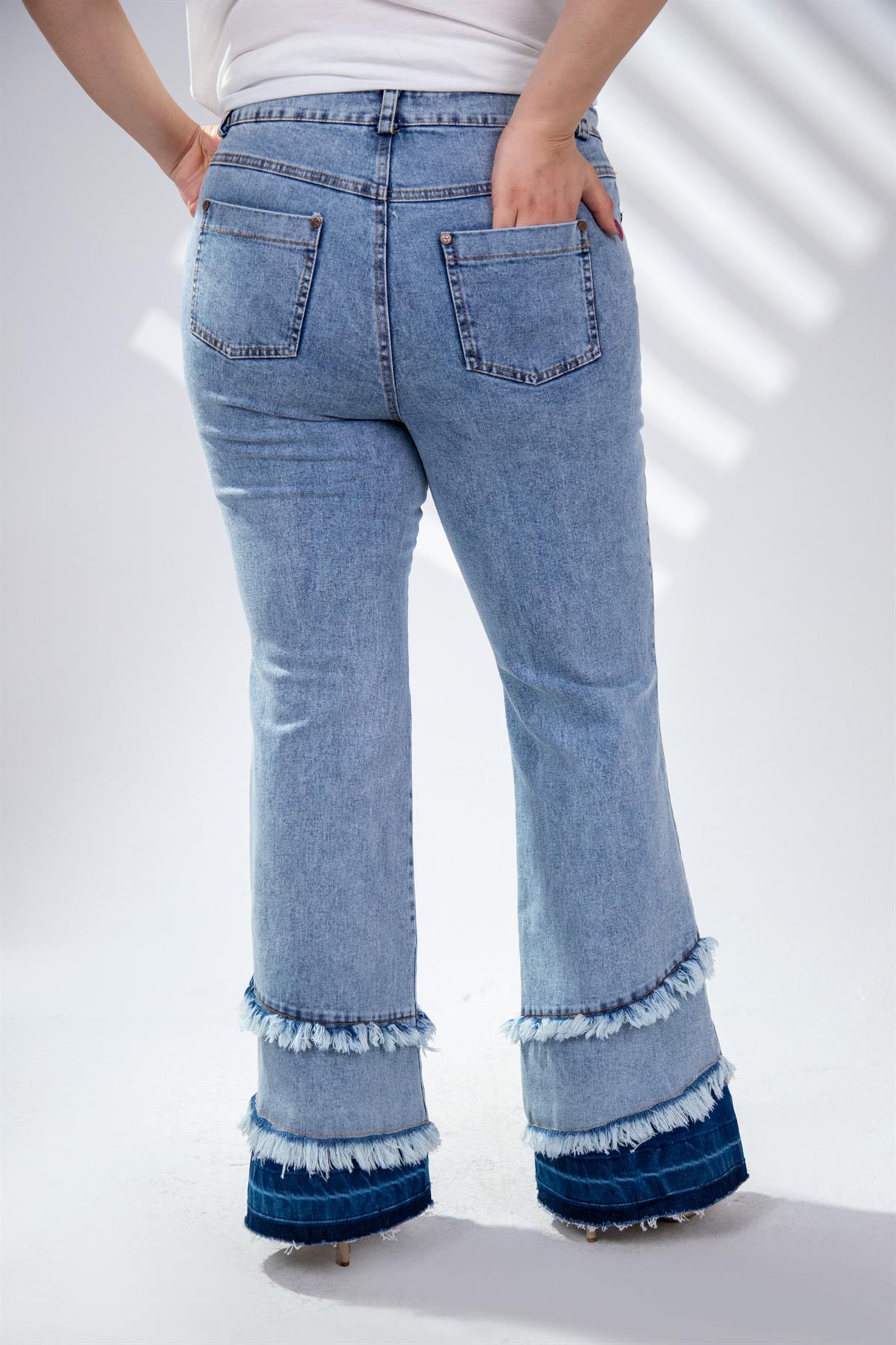 Büyük Beden 121921 Paça Detaylı Denim Pantolon  Mavi