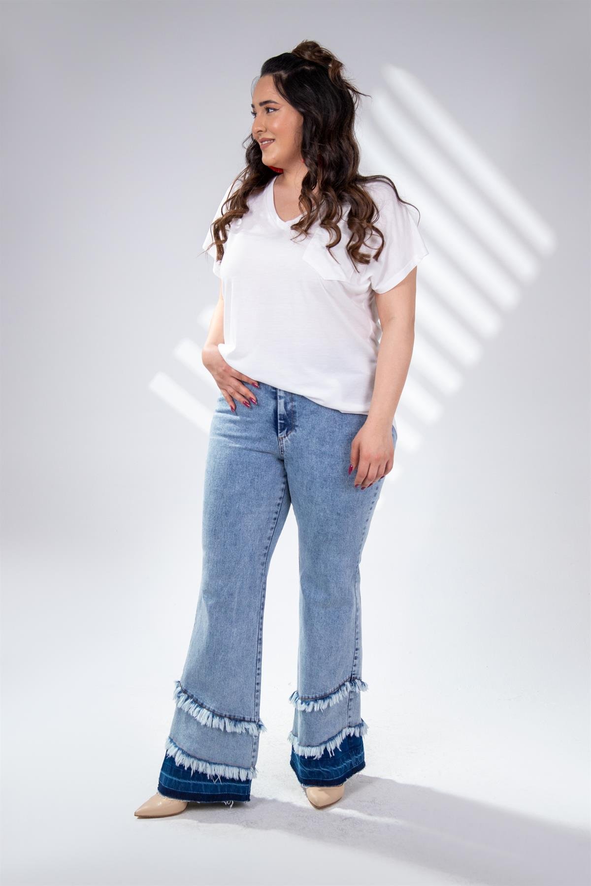 Büyük Beden 121921 Paça Detaylı Denim Pantolon  Mavi