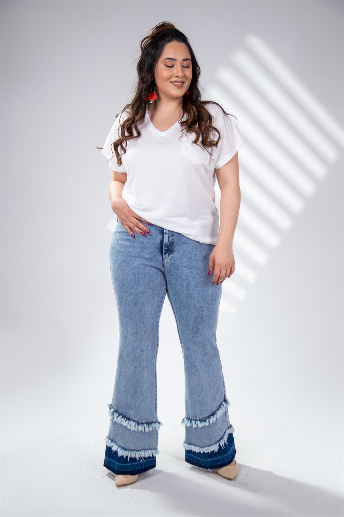 Büyük Beden 121921 Paça Detaylı Denim Pantolon  Mavi