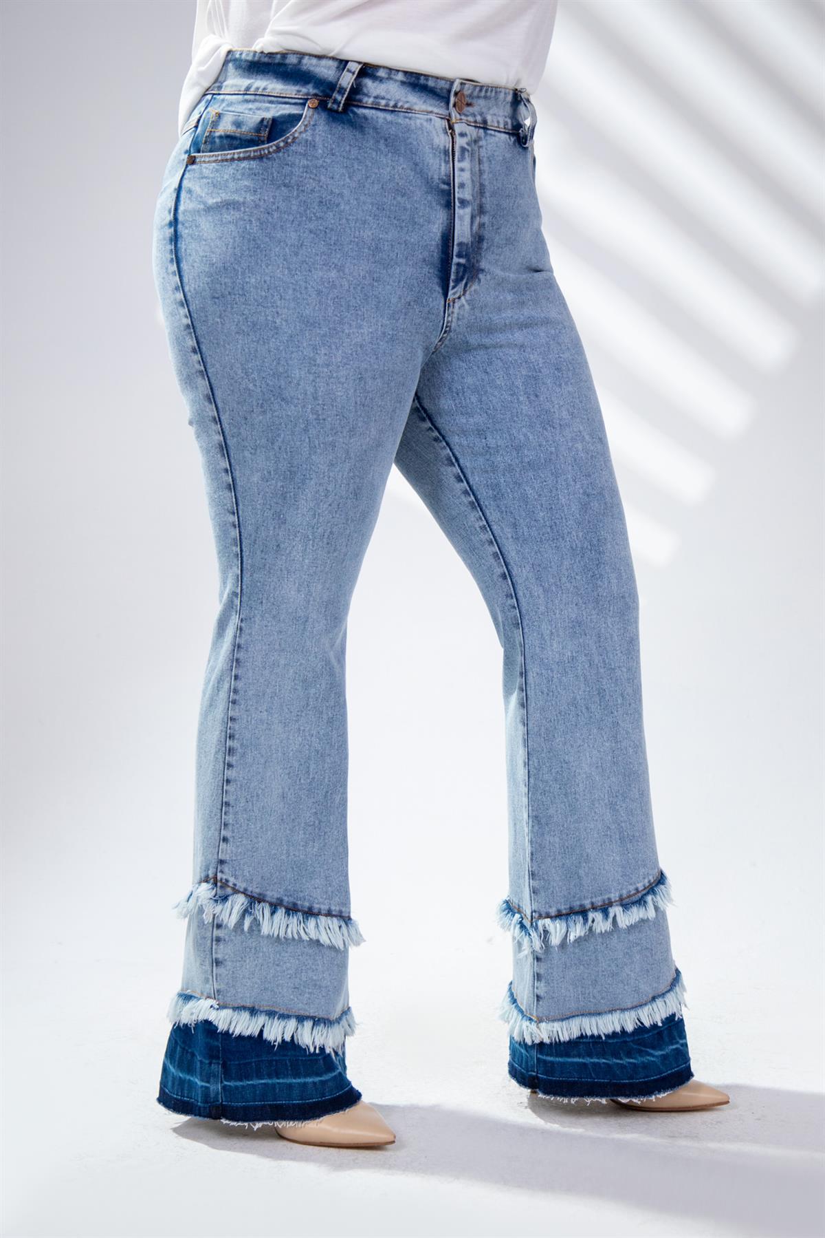 Büyük Beden 121921 Paça Detaylı Denim Pantolon  Mavi