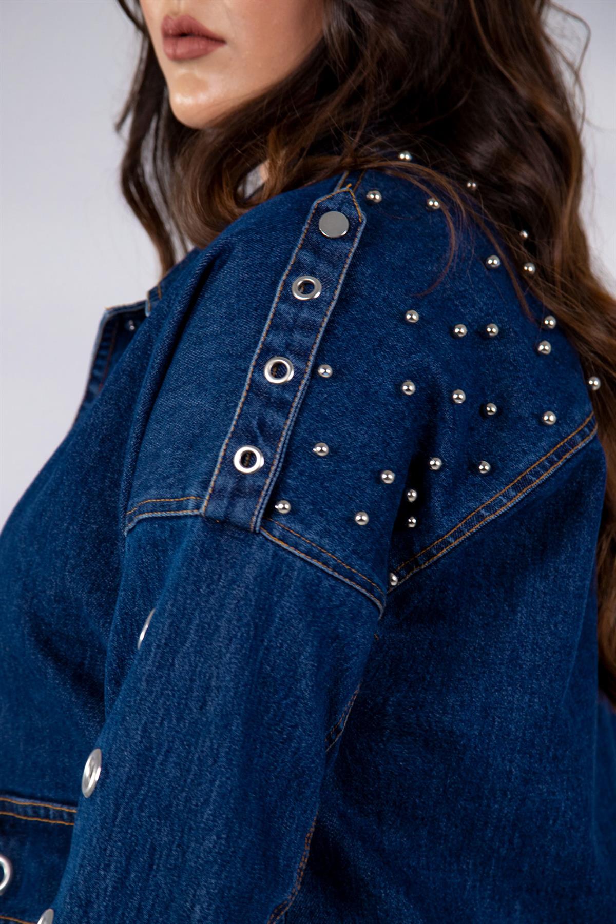 Büyük Beden 121936 Kuşgözü-Cep Detaylı Denim Ceket  Mavi