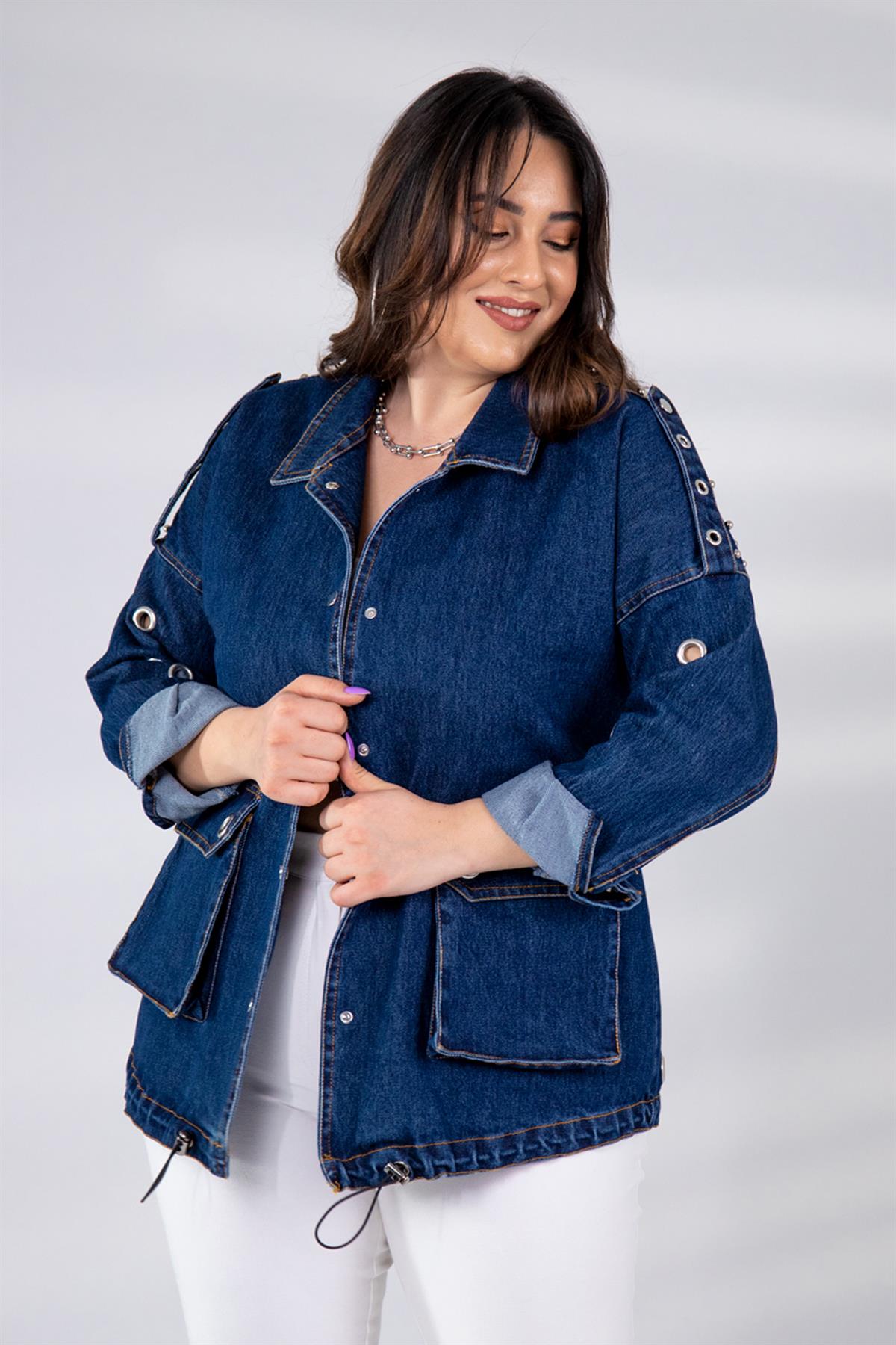 Büyük Beden 121936 Kuşgözü-Cep Detaylı Denim Ceket  Mavi