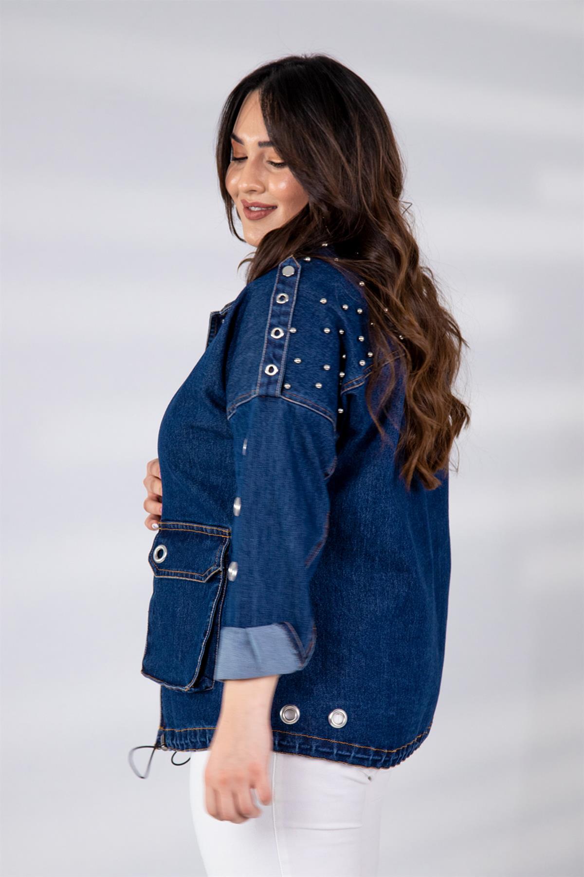 Büyük Beden 121936 Kuşgözü-Cep Detaylı Denim Ceket  Mavi