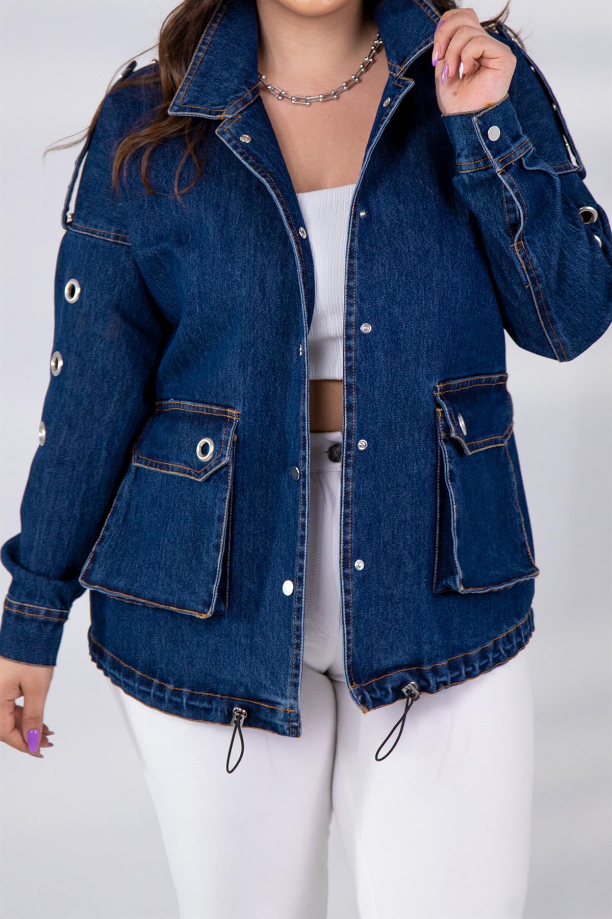 Büyük Beden 121936 Kuşgözü-Cep Detaylı Denim Ceket  Mavi