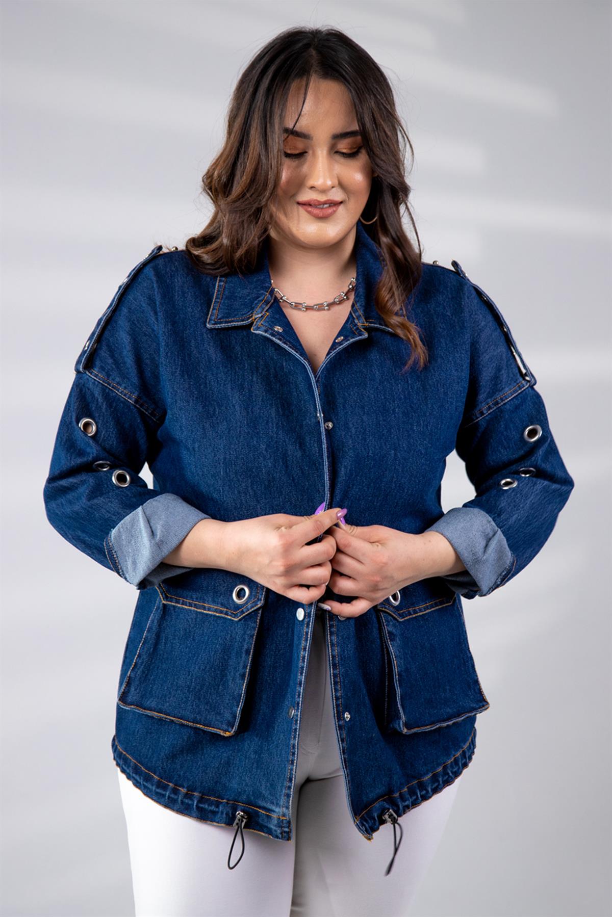 Büyük Beden 121936 Kuşgözü-Cep Detaylı Denim Ceket  Mavi