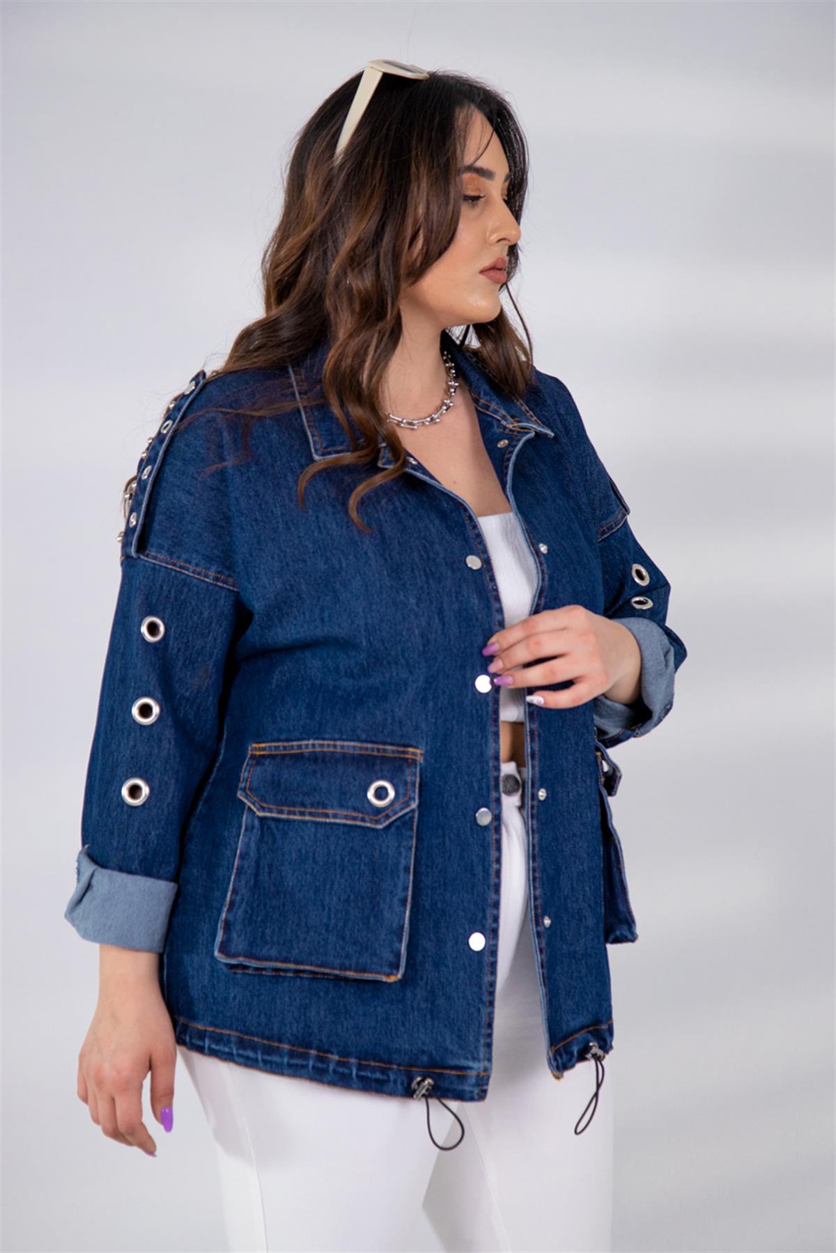 Büyük Beden 121936 Kuşgözü-Cep Detaylı Denim Ceket  Mavi