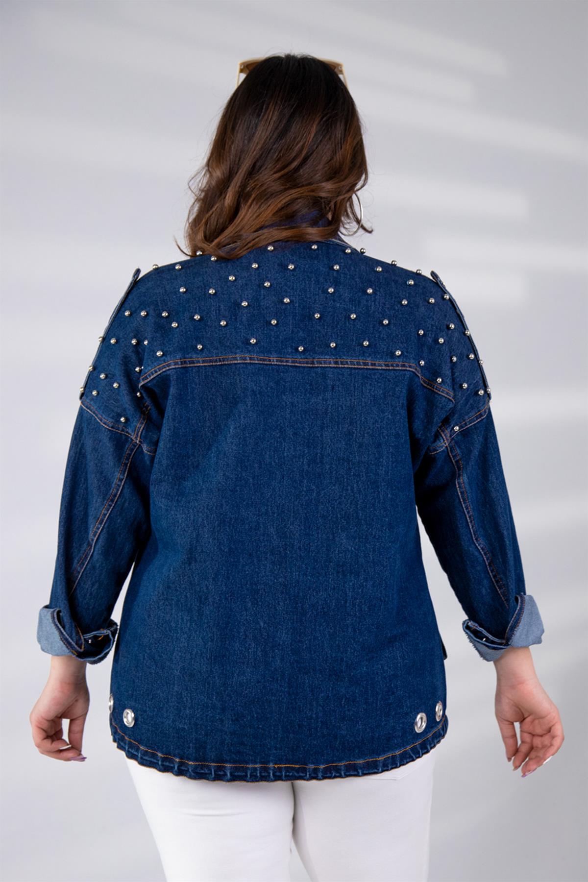 Büyük Beden 121936 Kuşgözü-Cep Detaylı Denim Ceket  Mavi