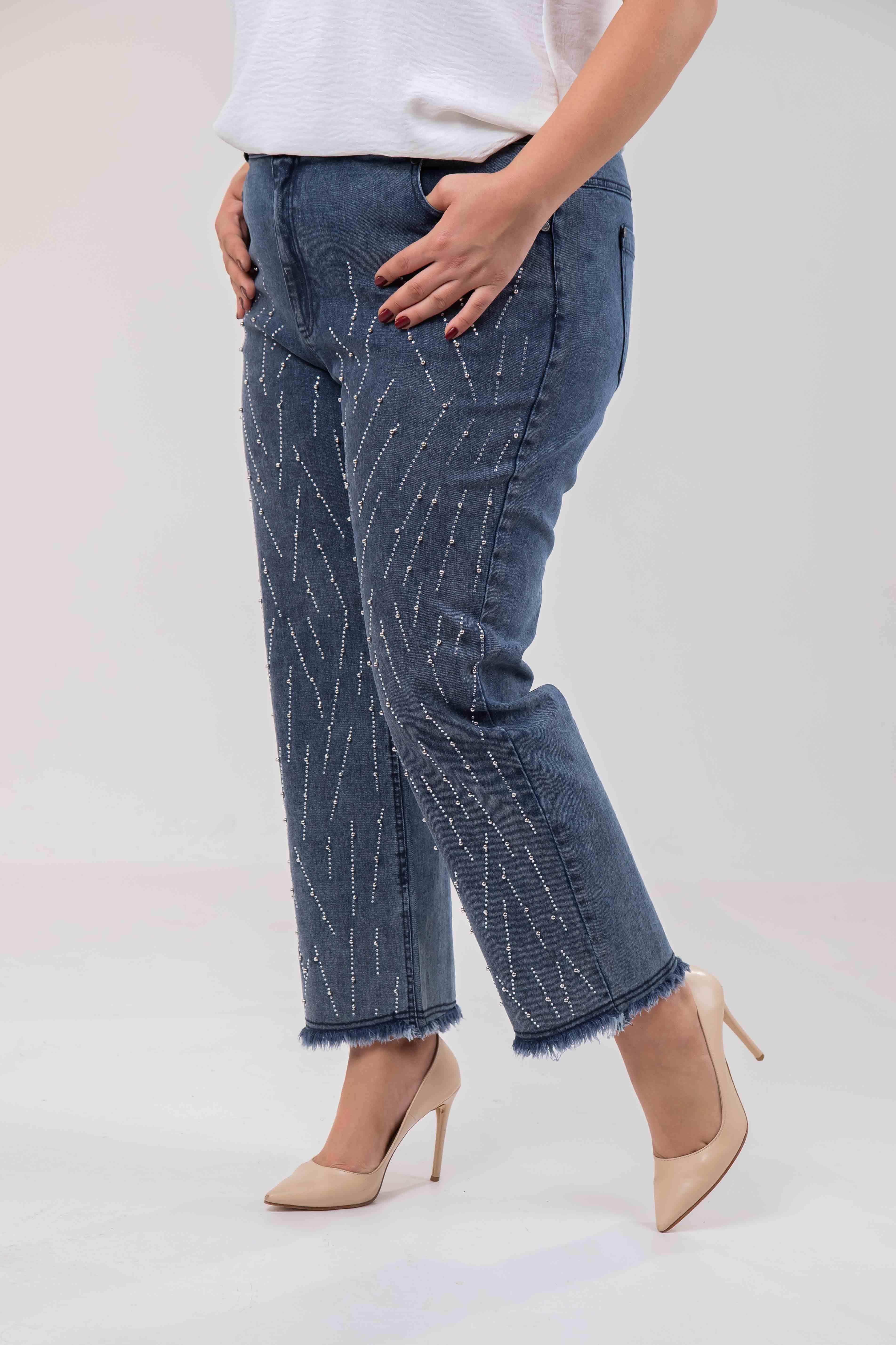 Büyük Beden 121952 Taş Detaylı Denim Pantolon  Buz Mavi