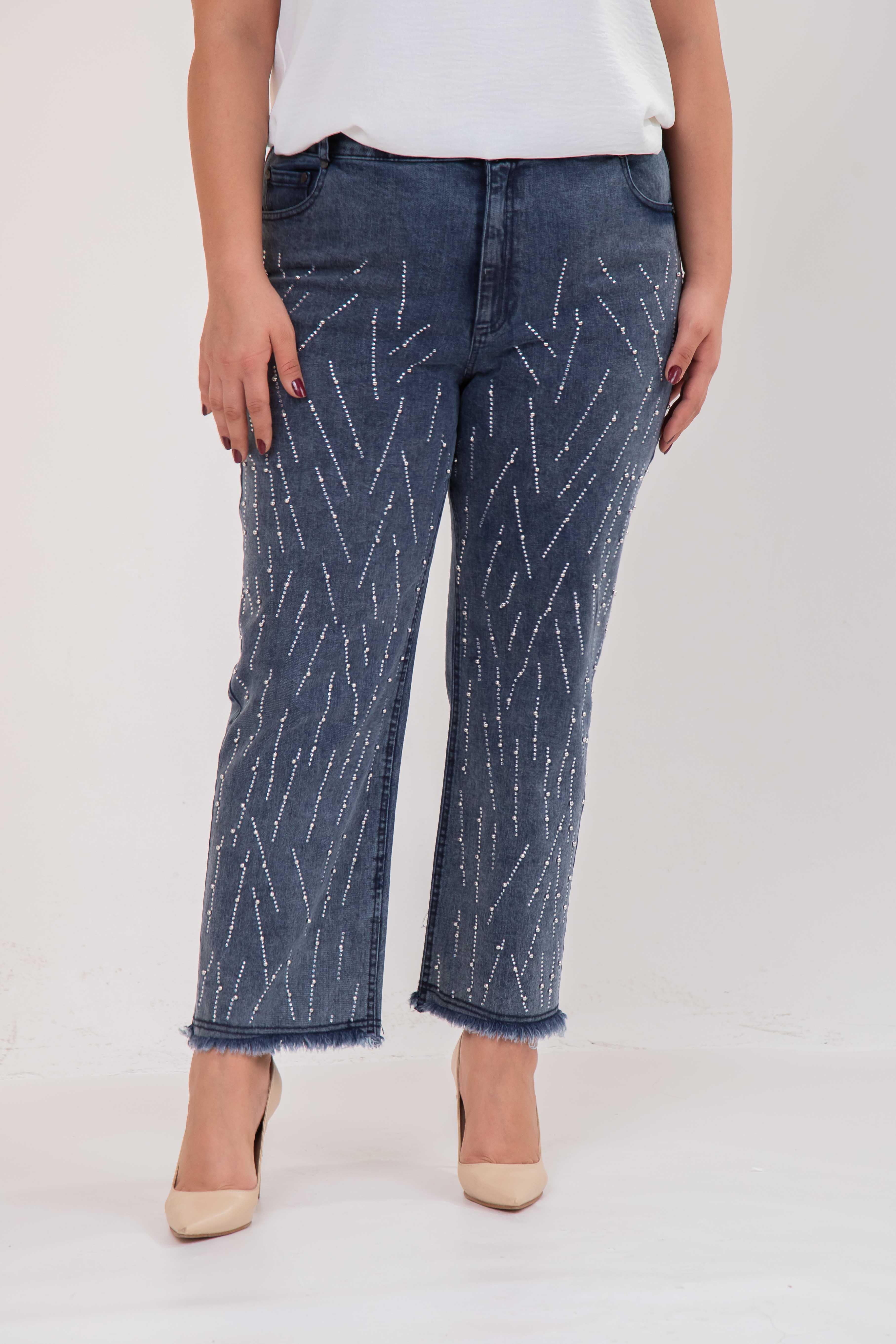 Büyük Beden 121952 Taş Detaylı Denim Pantolon  Buz Mavi