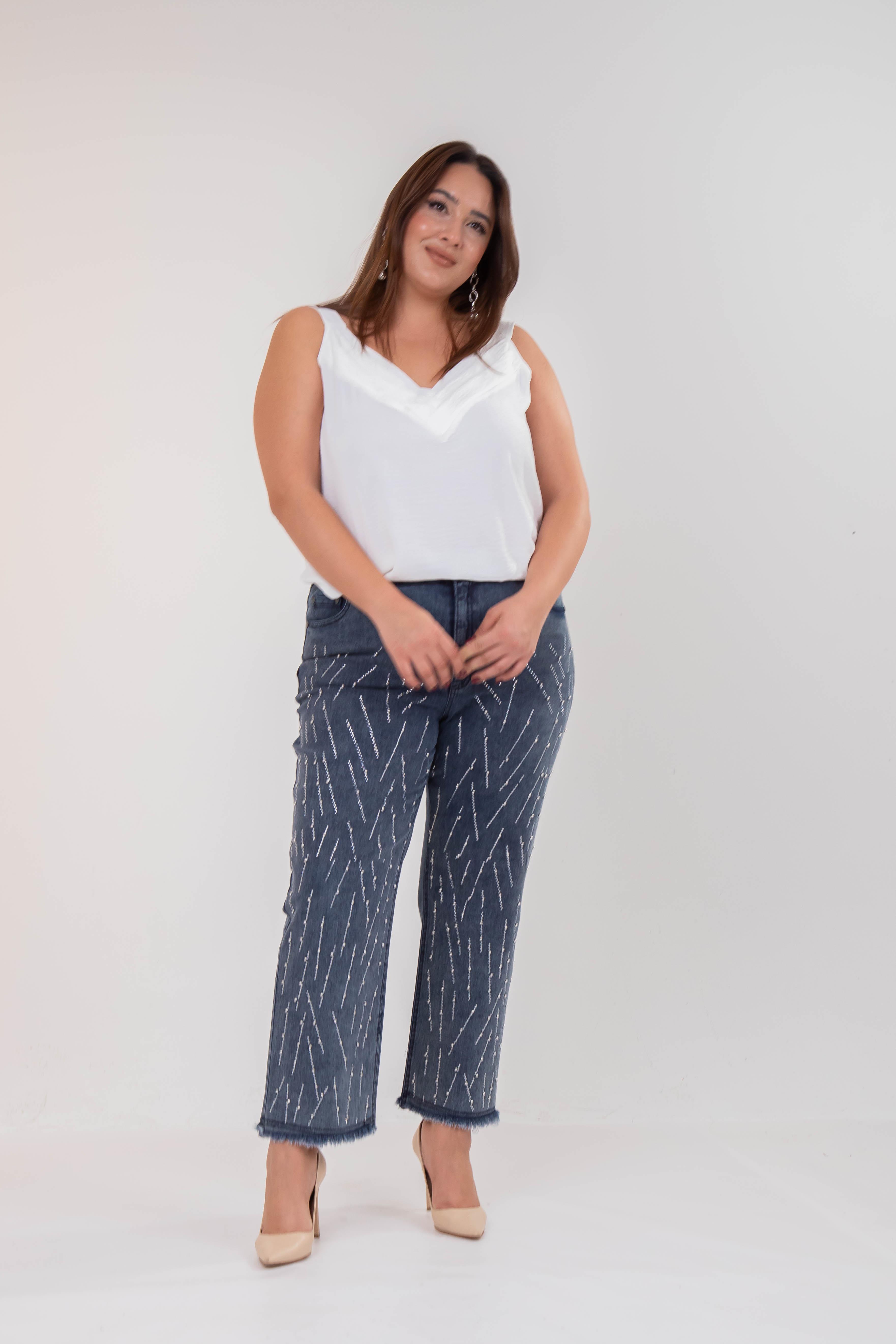 Büyük Beden 121952 Taş Detaylı Denim Pantolon  Buz Mavi